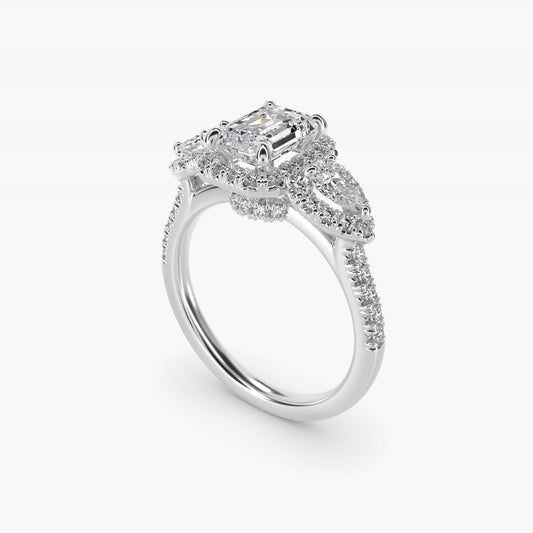 Three-Stone Pear Halo Diamond Engagement Ring in Platinum - Emerald Center