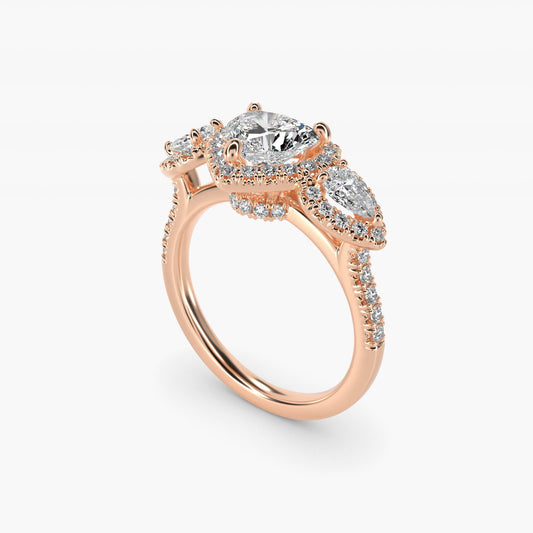 Three-Stone Pear Halo Diamond Engagement Ring in 14k Rose Gold - Heart Center