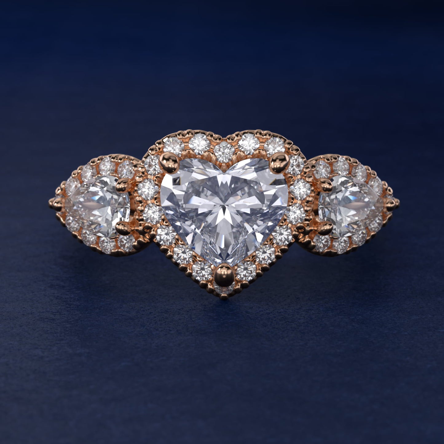 Three-Stone Pear Halo Diamond Engagement Ring in 18k Rose Gold - Heart Center