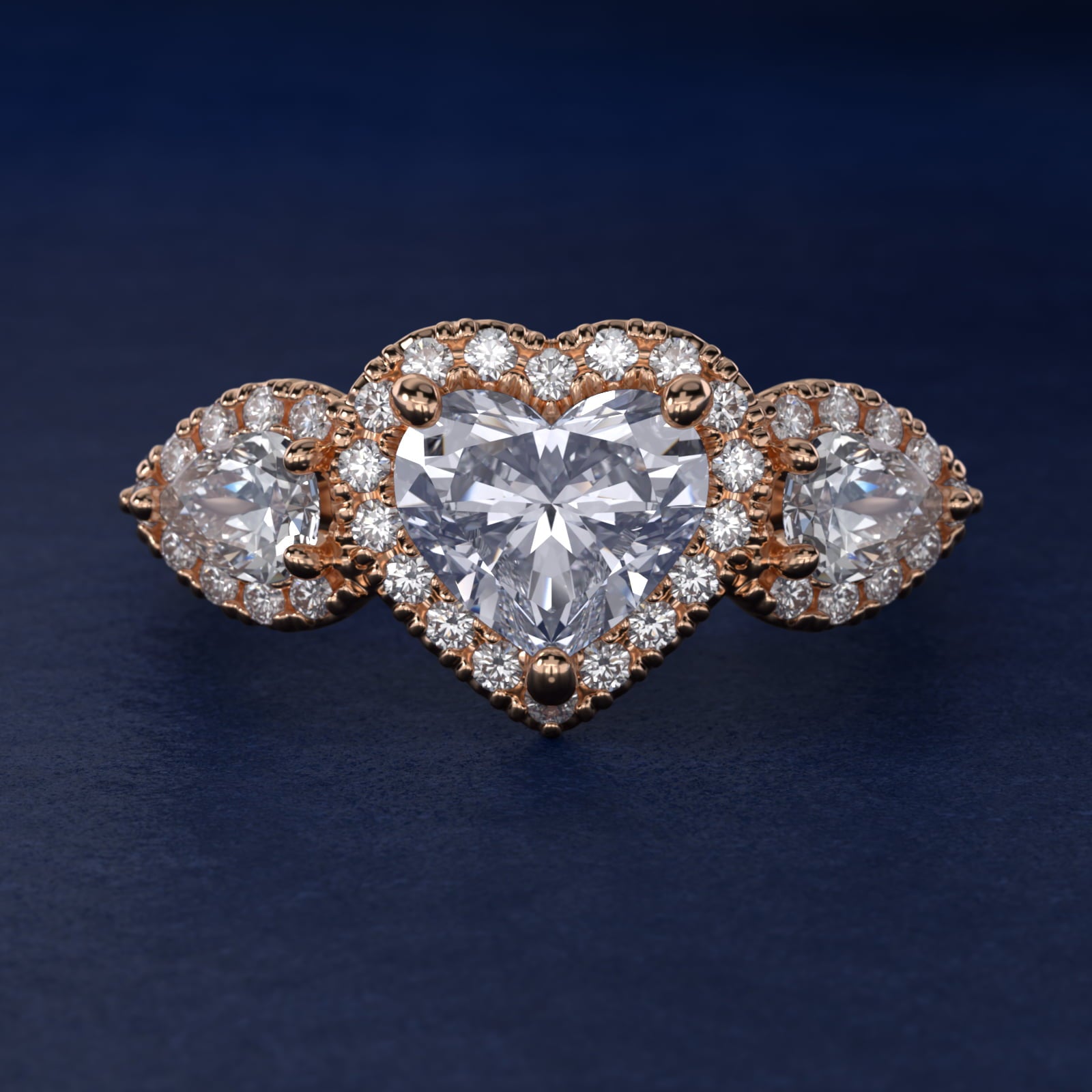 Three-Stone Pear Halo Diamond Engagement Ring in 18k Rose Gold - Heart Center