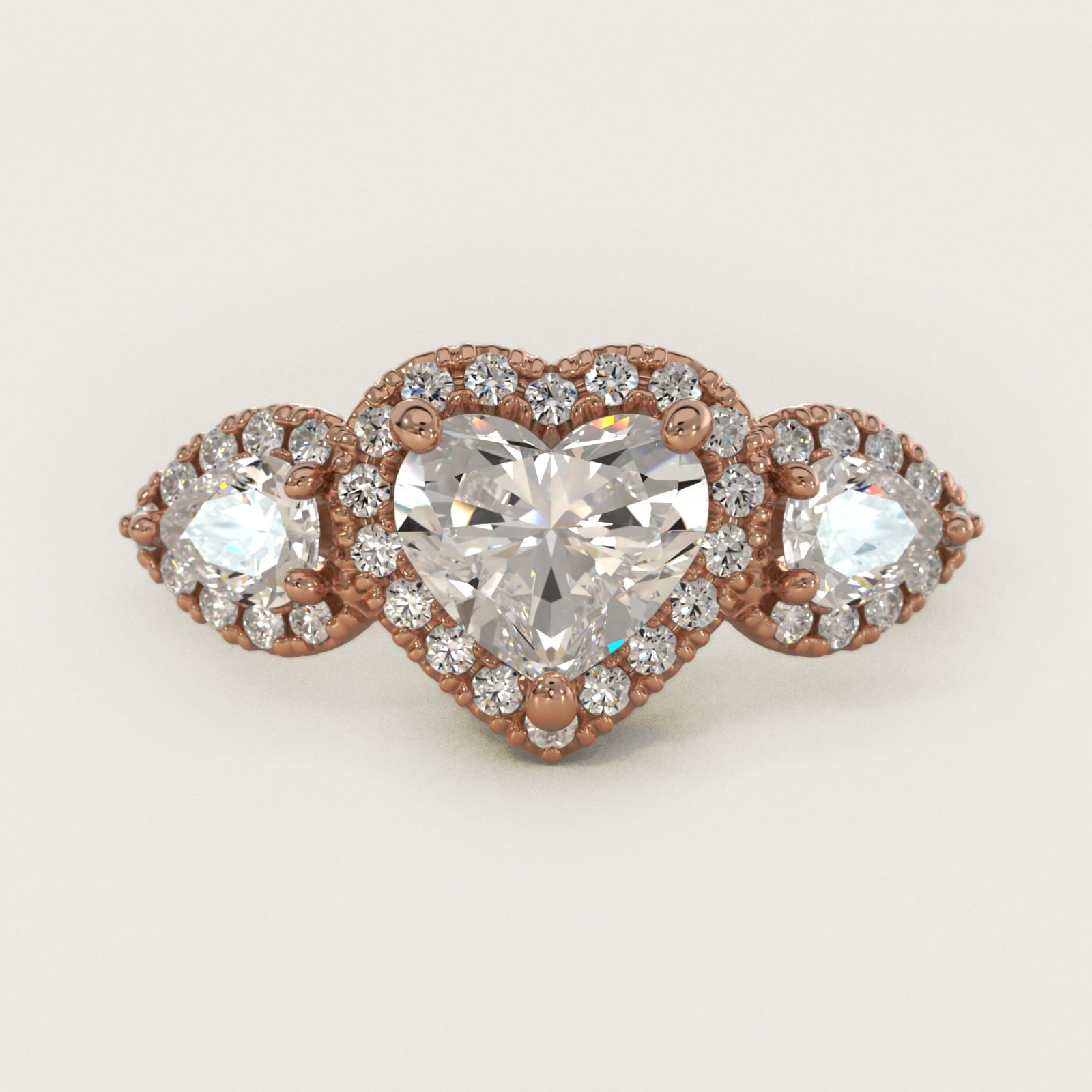 Three-Stone Pear Halo Diamond Engagement Ring in 18k Rose Gold - Heart Center