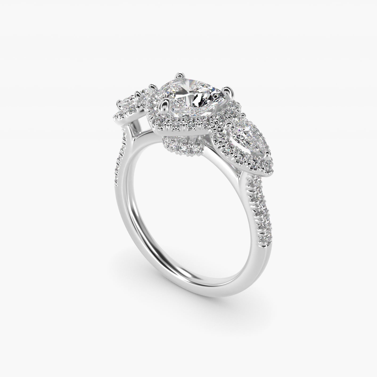 Three-Stone Pear Halo Diamond Engagement Ring in 18k White Gold - Heart Center