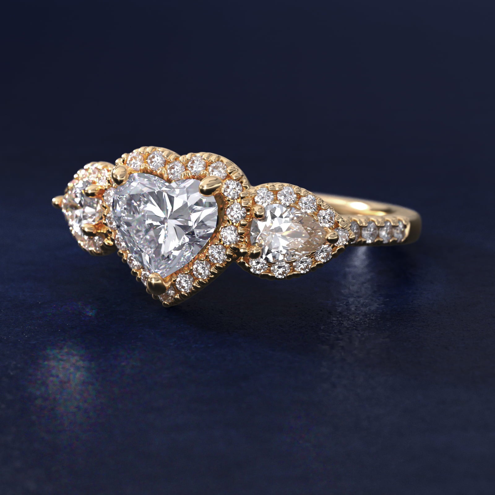 Three-Stone Pear Halo Diamond Engagement Ring in 14k Yellow Gold - Heart Center
