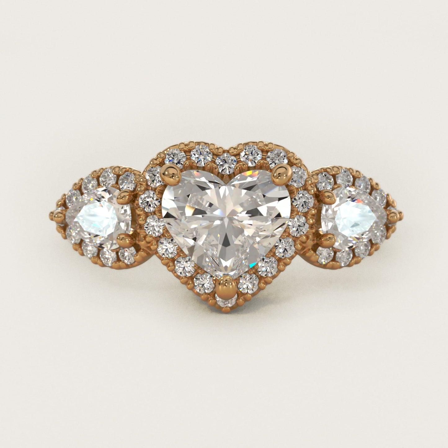 Three-Stone Pear Halo Diamond Engagement Ring in 18k Yellow Gold - Heart Center
