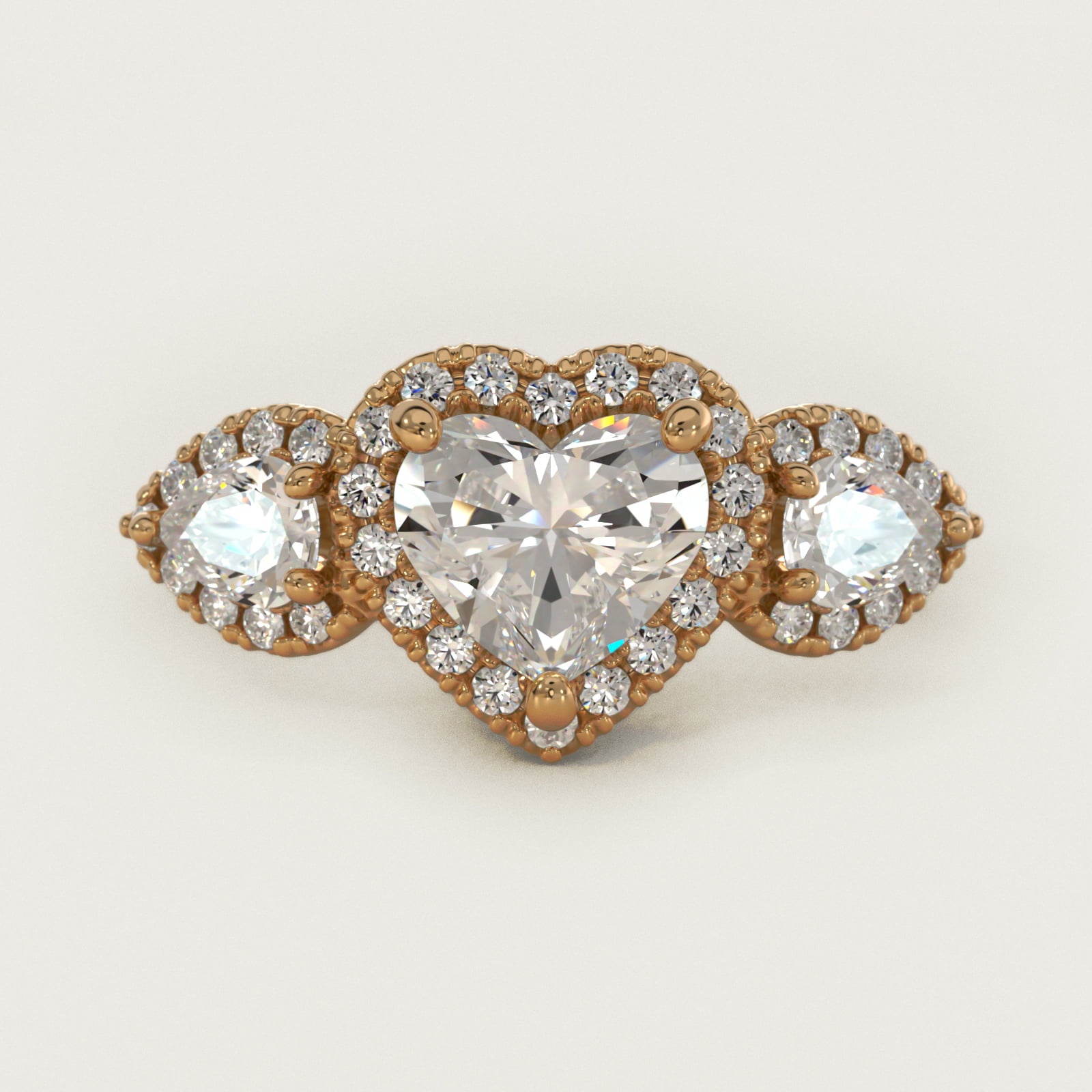 Three-Stone Pear Halo Diamond Engagement Ring in 18k Yellow Gold - Heart Center