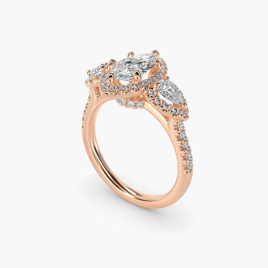 Three-Stone Pear Halo Diamond Engagement Ring in 18k Rose Gold - Marquise Center