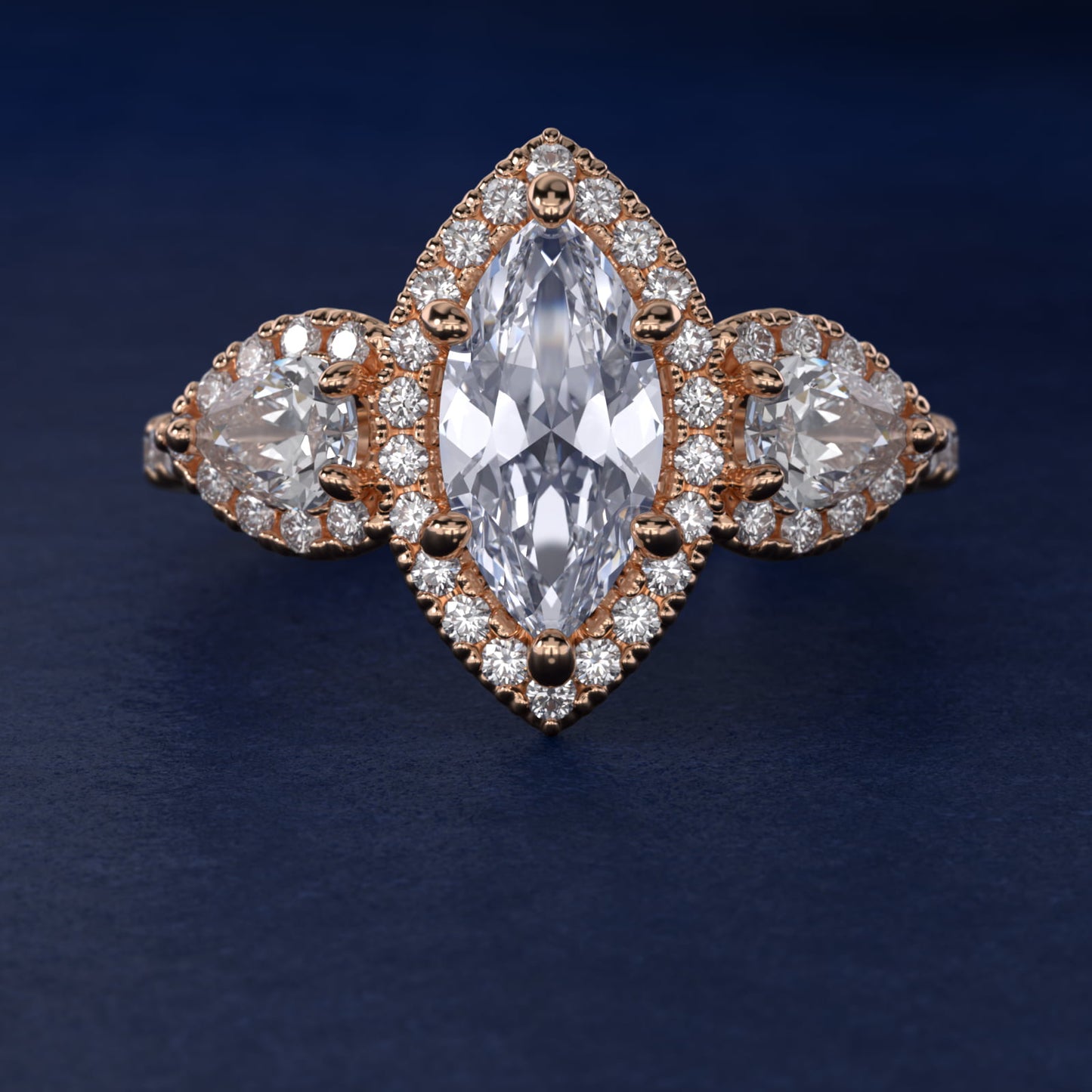 Three-Stone Pear Halo Diamond Engagement Ring in 14k Rose Gold - Marquise Center
