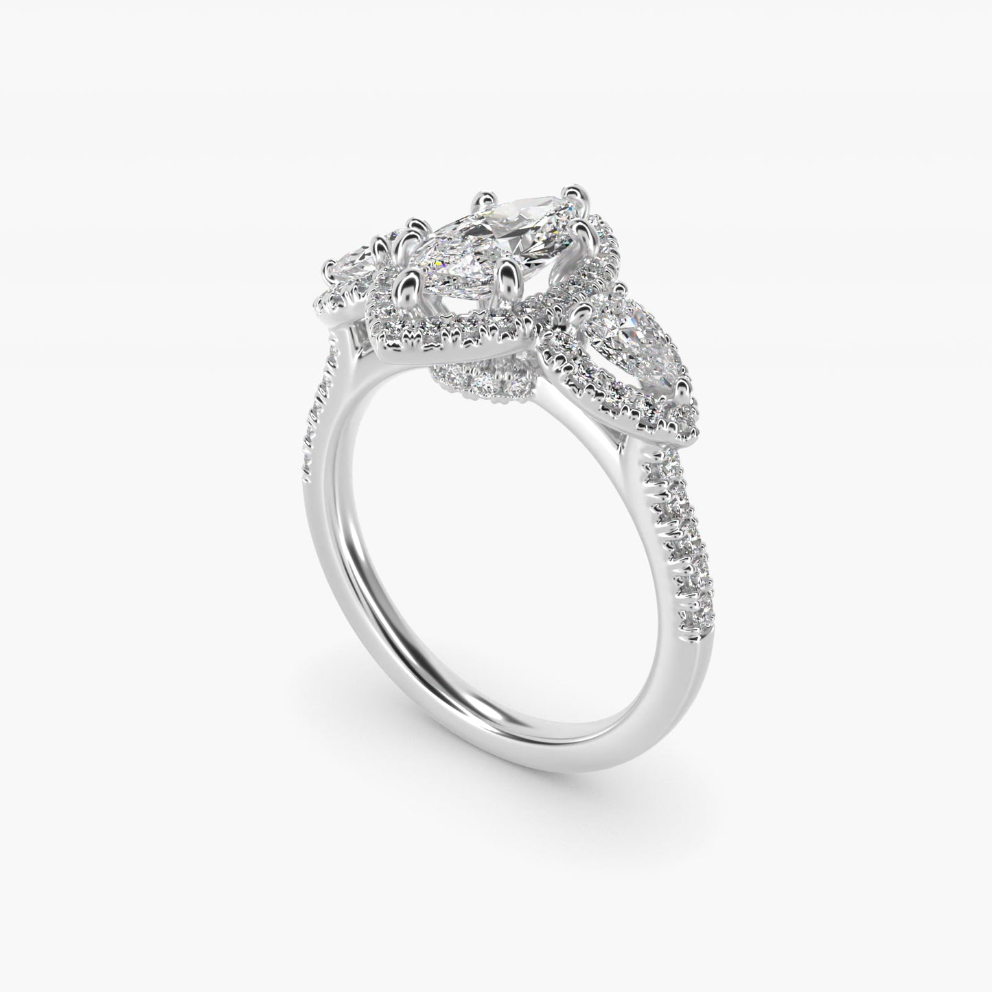 Three-Stone Pear Halo Diamond Engagement Ring in 18k White Gold - Marquise Center