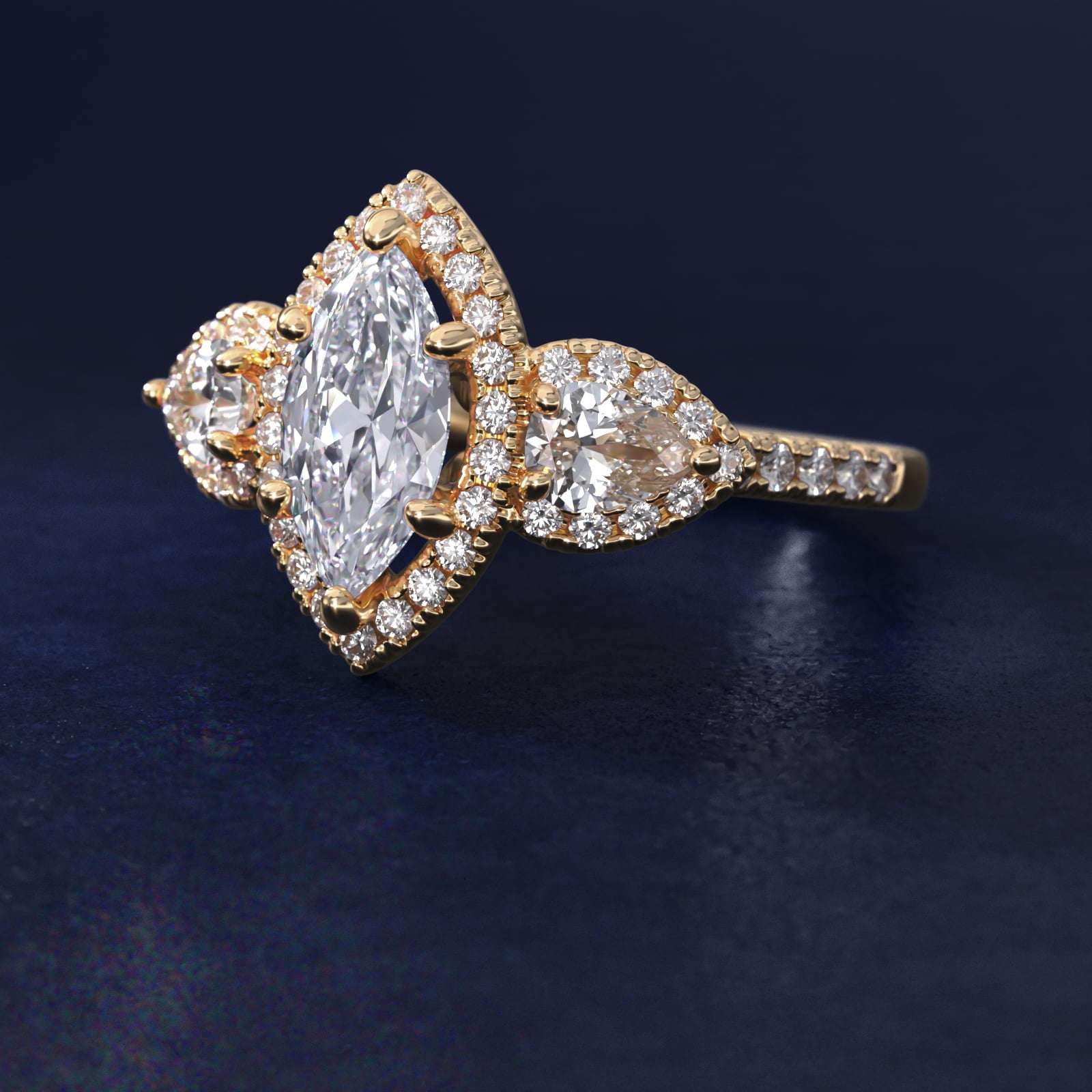 Three-Stone Pear Halo Diamond Engagement Ring in 14k Yellow Gold - Marquise Center