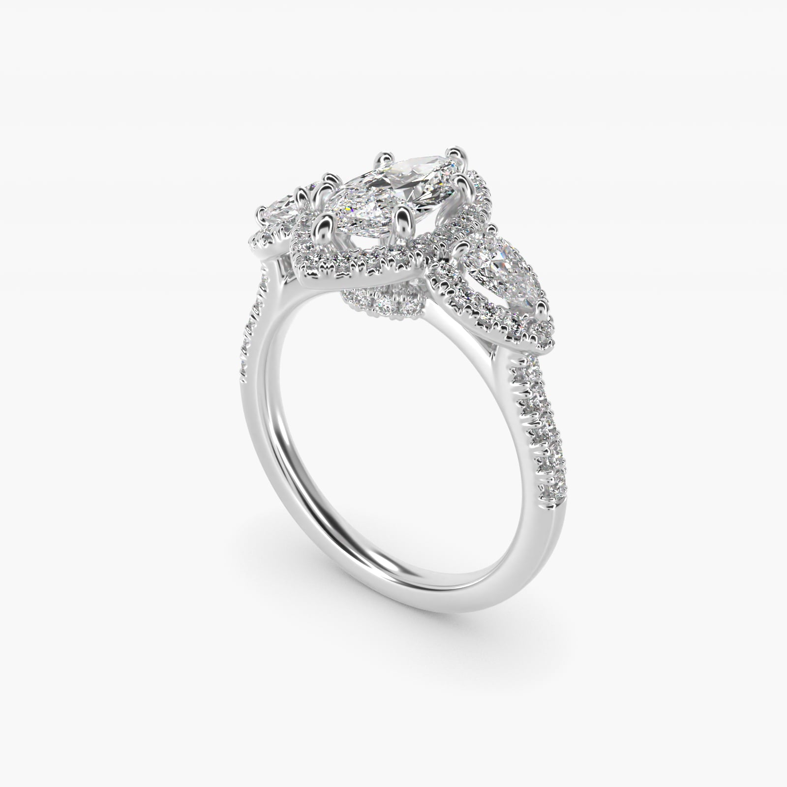 Three-Stone Pear Halo Diamond Engagement Ring in Platinum - Marquise Center