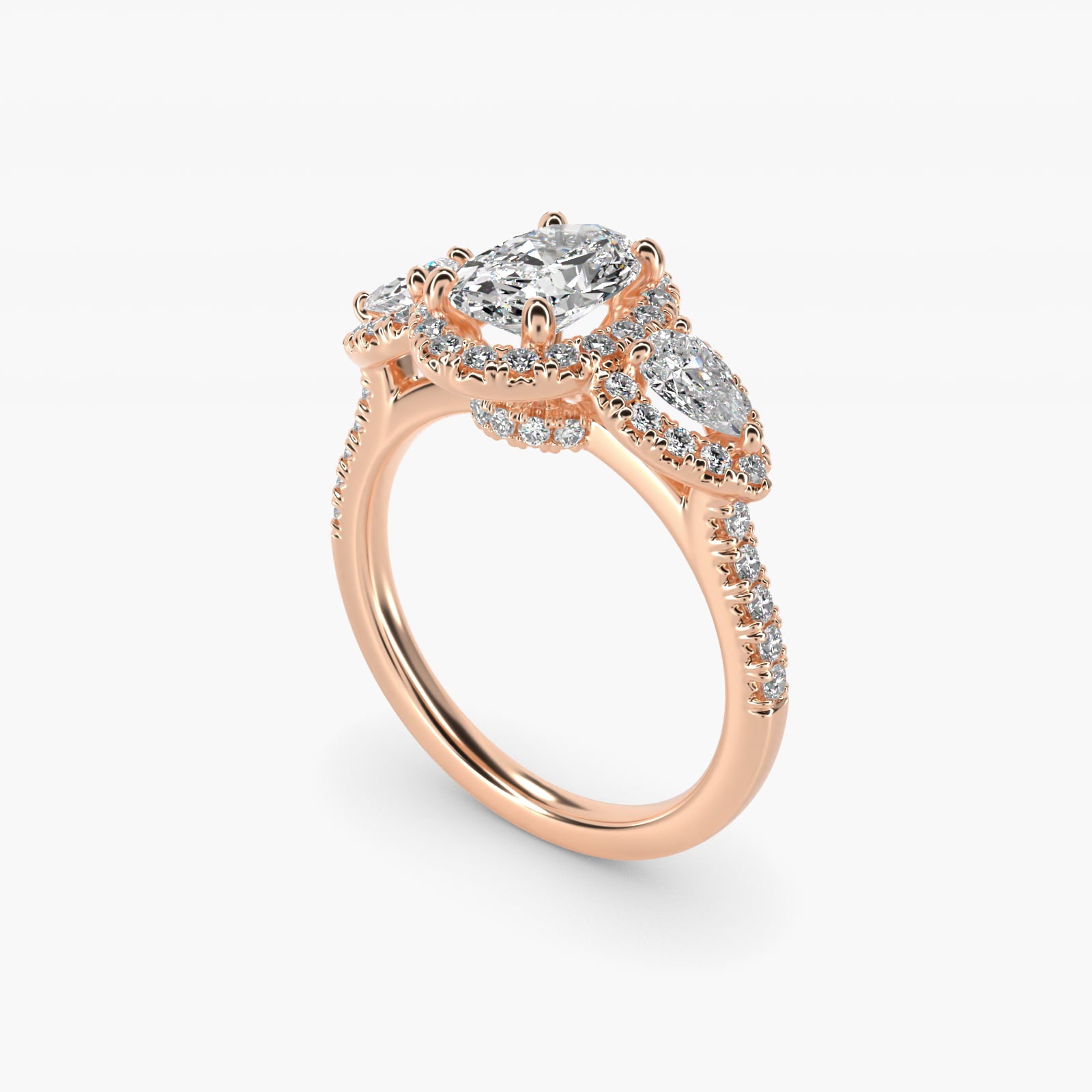 Three-Stone Pear Halo Diamond Engagement Ring in 14k Rose Gold - Oval Center