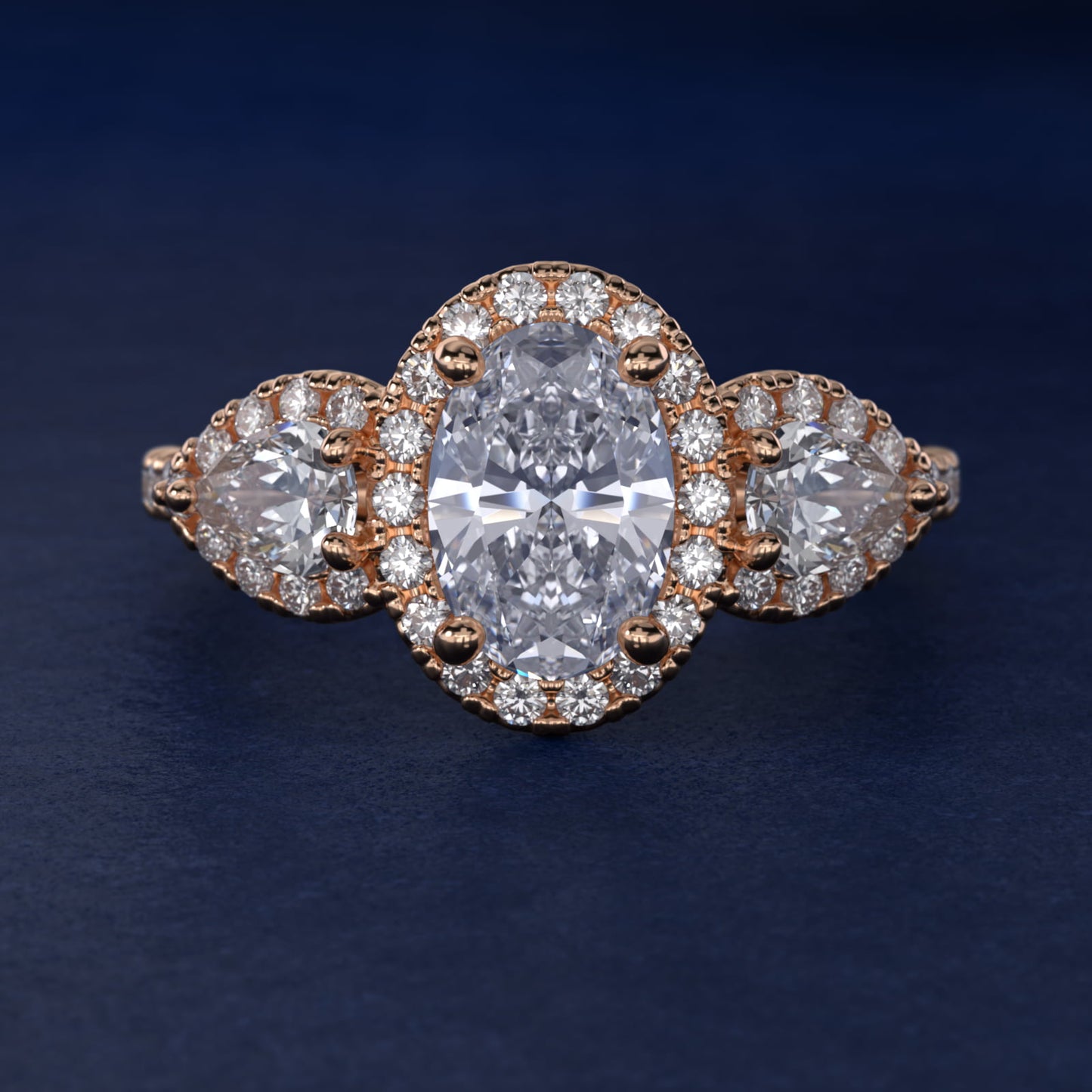 Three-Stone Pear Halo Diamond Engagement Ring in 18k Rose Gold - Oval Center