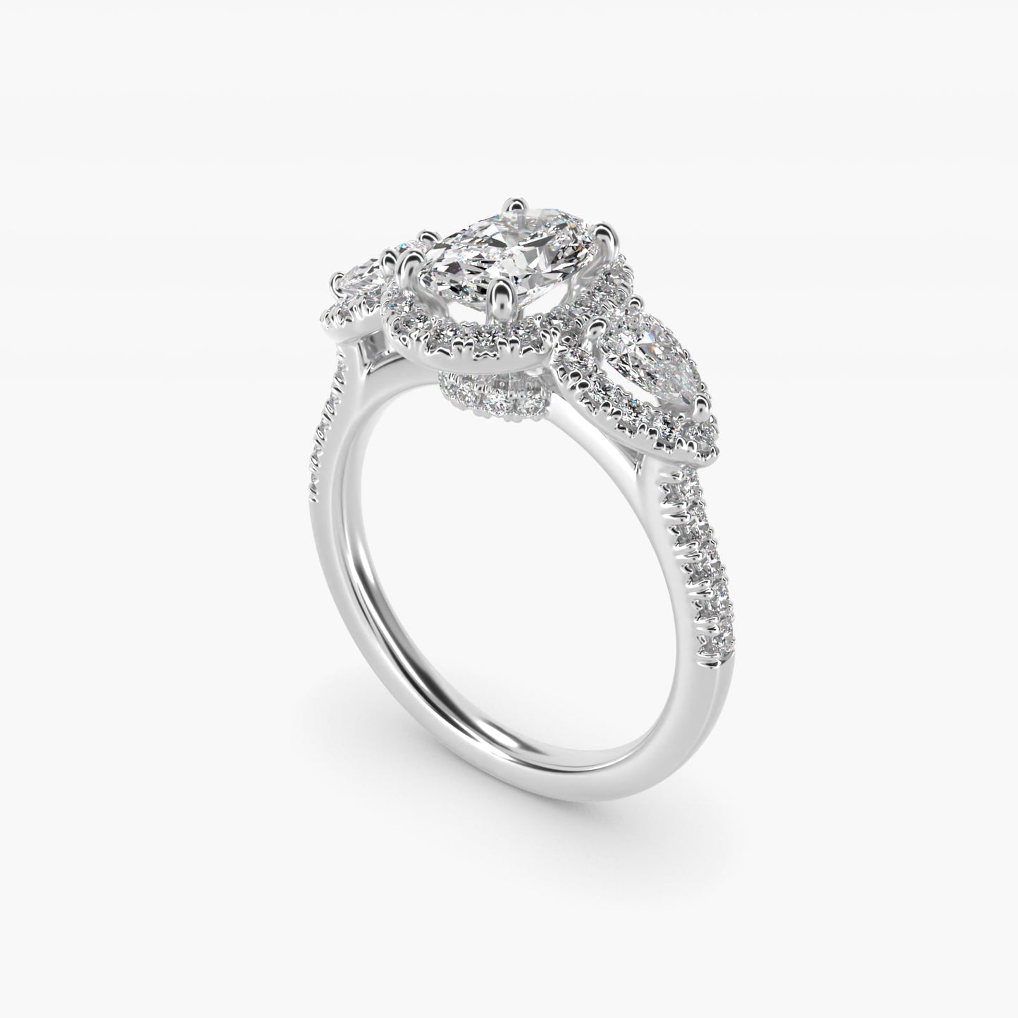 Three-Stone Pear Halo Diamond Engagement Ring in 18k White Gold - Oval Center