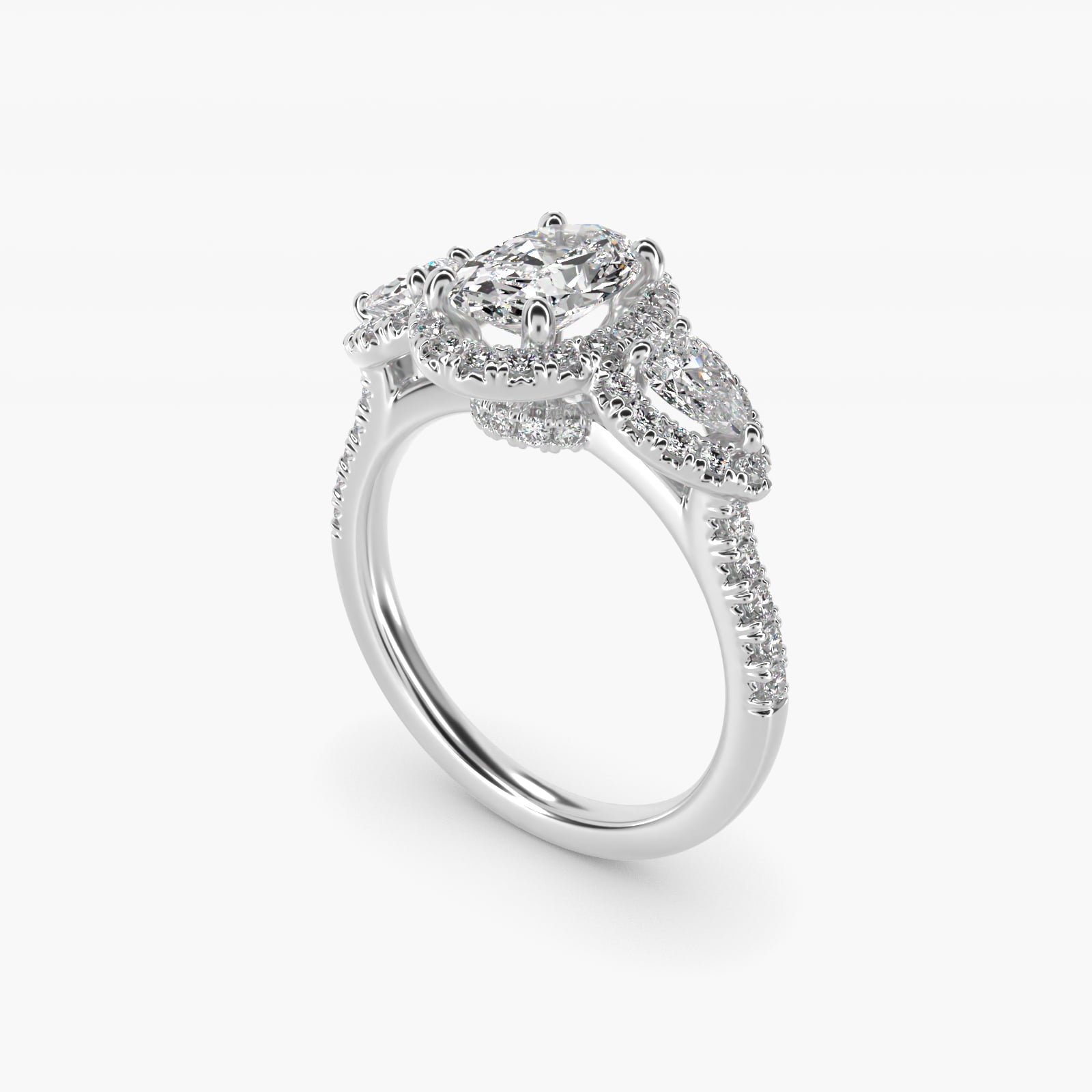 Three-Stone Pear Halo Diamond Engagement Ring in 18k White Gold - Oval Center