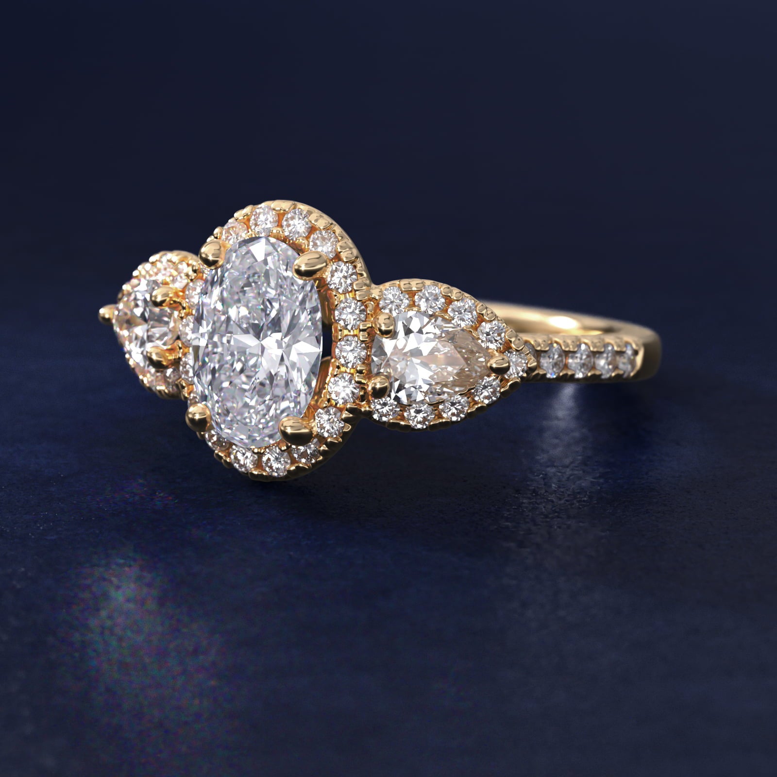 Three-Stone Pear Halo Diamond Engagement Ring in 14k Yellow Gold - Oval Center