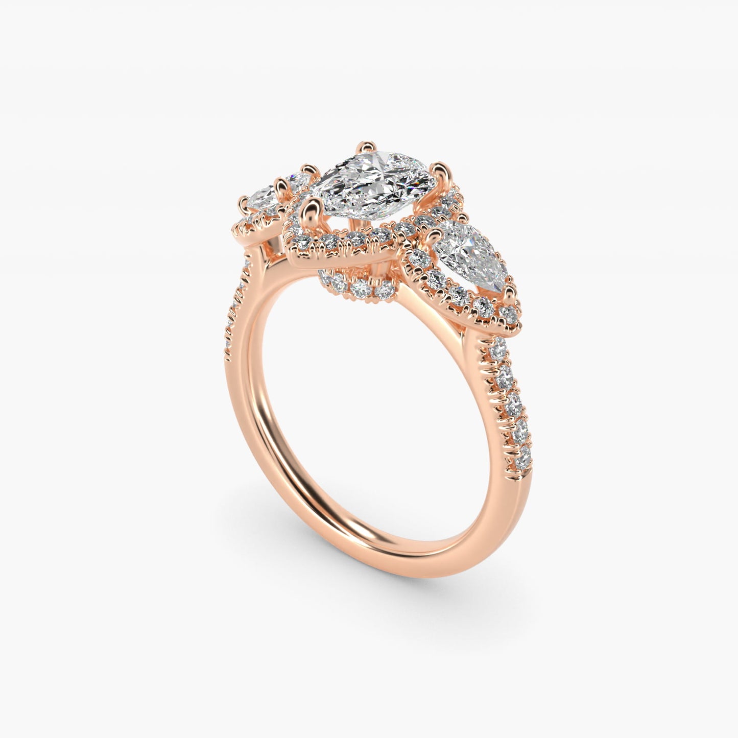 Three-Stone Pear Halo Diamond Engagement Ring in 14k Rose Gold - Pear Center