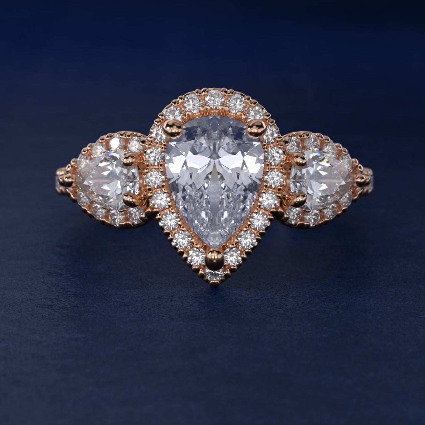 Three-Stone Pear Halo Diamond Engagement Ring in 18k Rose Gold - Pear Center
