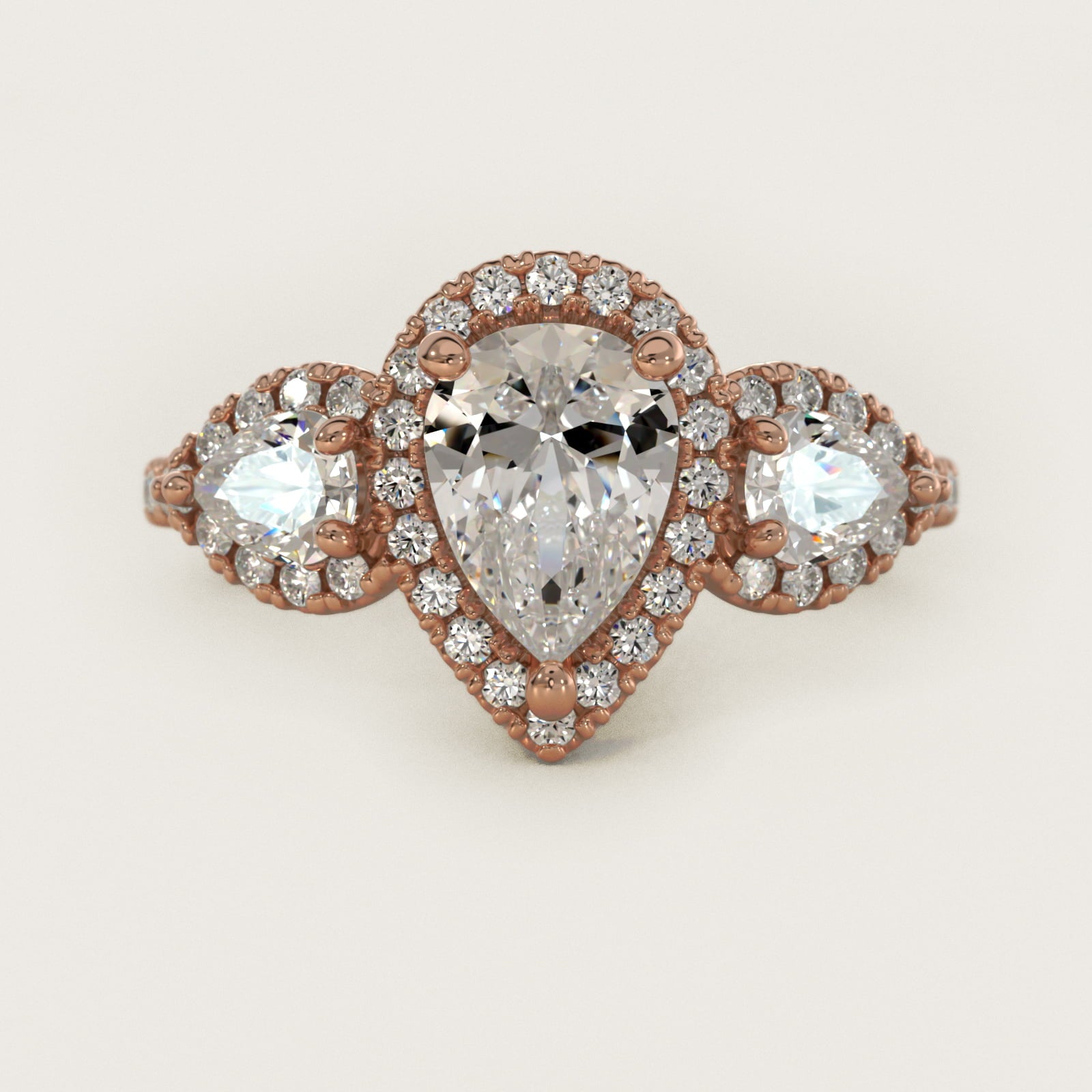 Three-Stone Pear Halo Diamond Engagement Ring in 18k Rose Gold - Pear Center