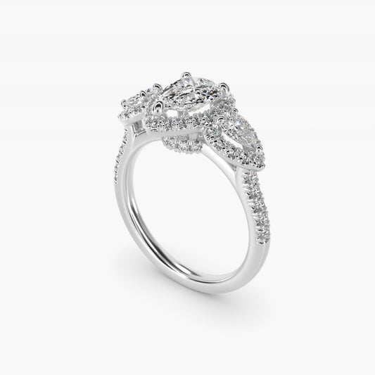 Three-Stone Pear Halo Diamond Engagement Ring in 18k White Gold - Pear Center