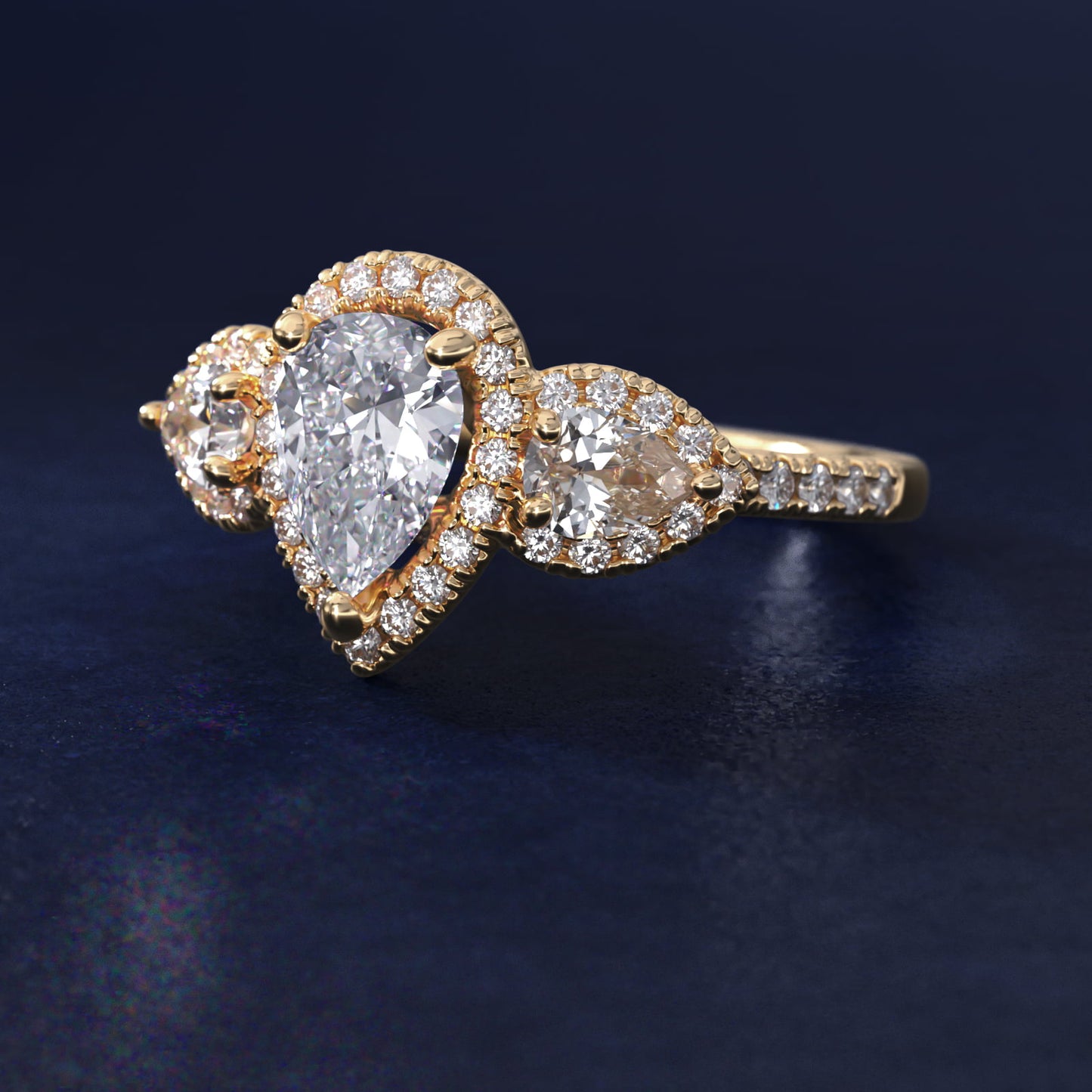 Three-Stone Pear Halo Diamond Engagement Ring in 14k Yellow Gold - Pear Center