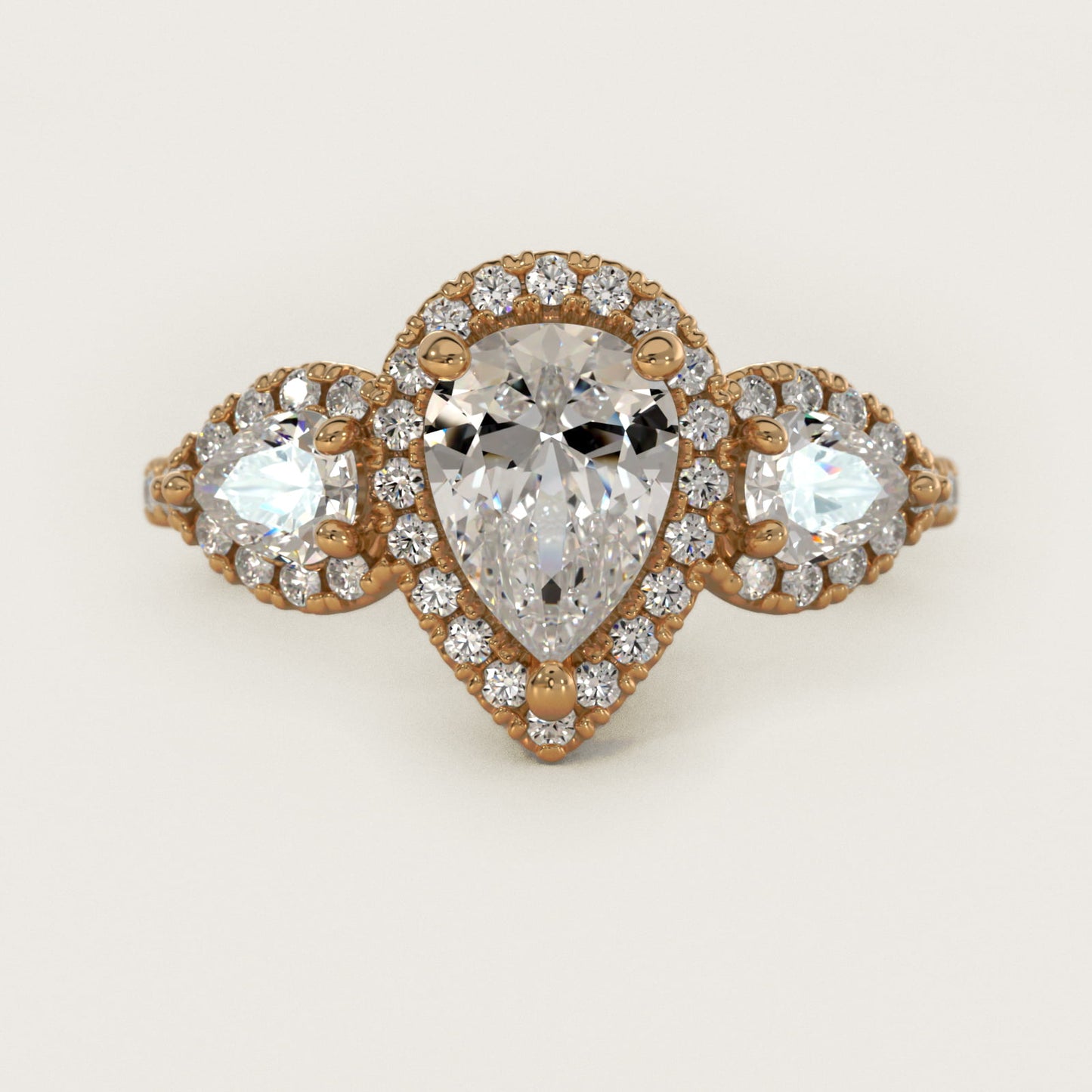 Three-Stone Pear Halo Diamond Engagement Ring in 18k Yellow Gold - Pear Center