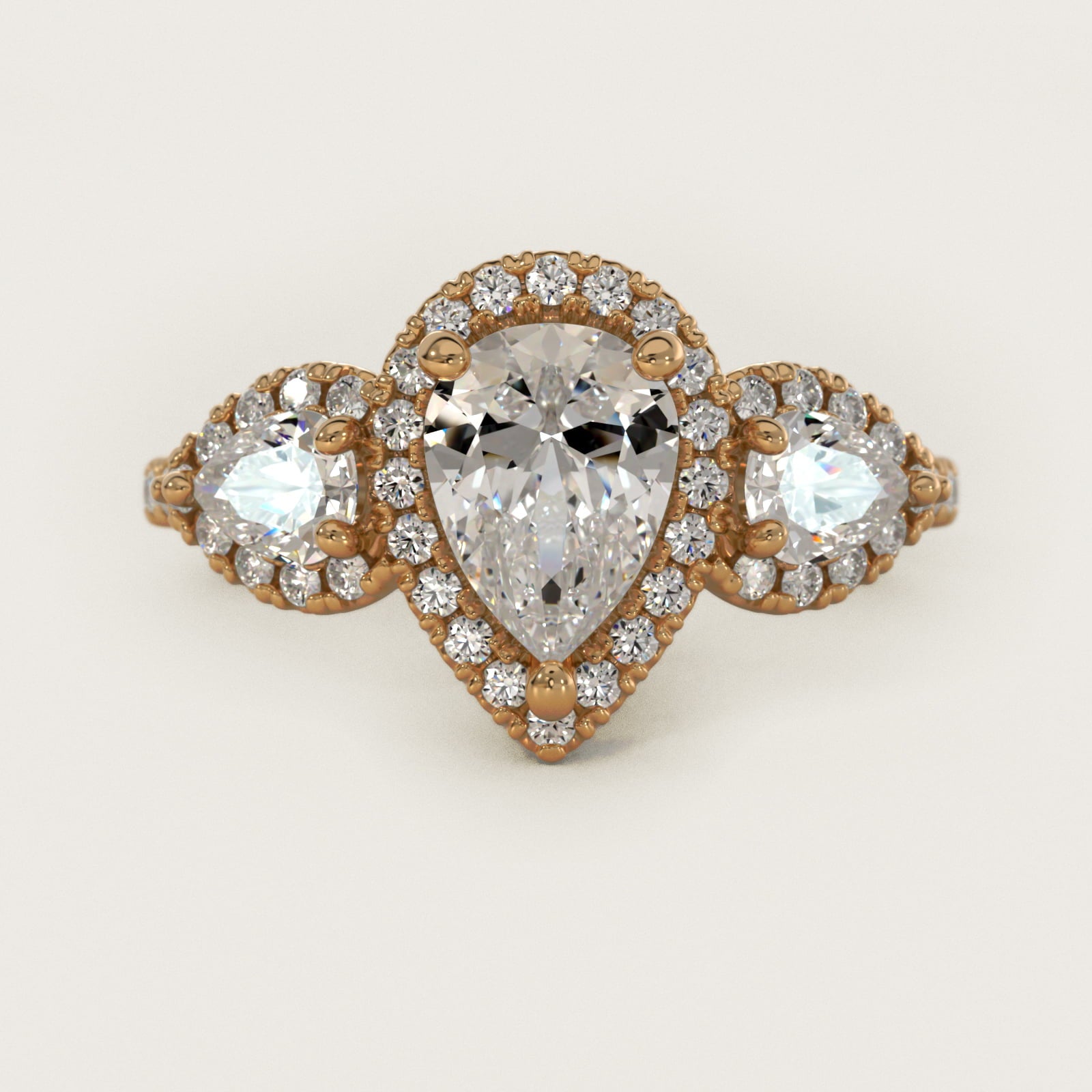 Three-Stone Pear Halo Diamond Engagement Ring in 18k Yellow Gold - Pear Center
