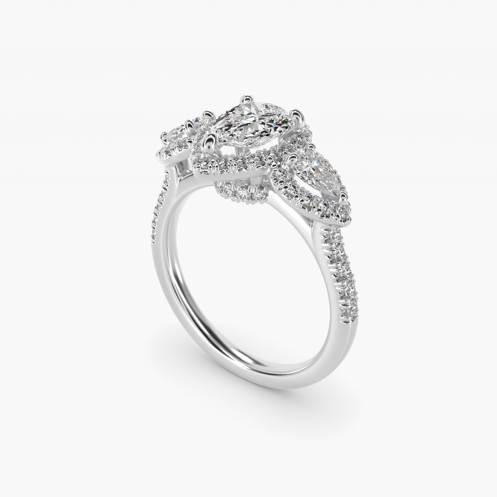 Three-Stone Pear Halo Diamond Engagement Ring in Platinum - Pear Center