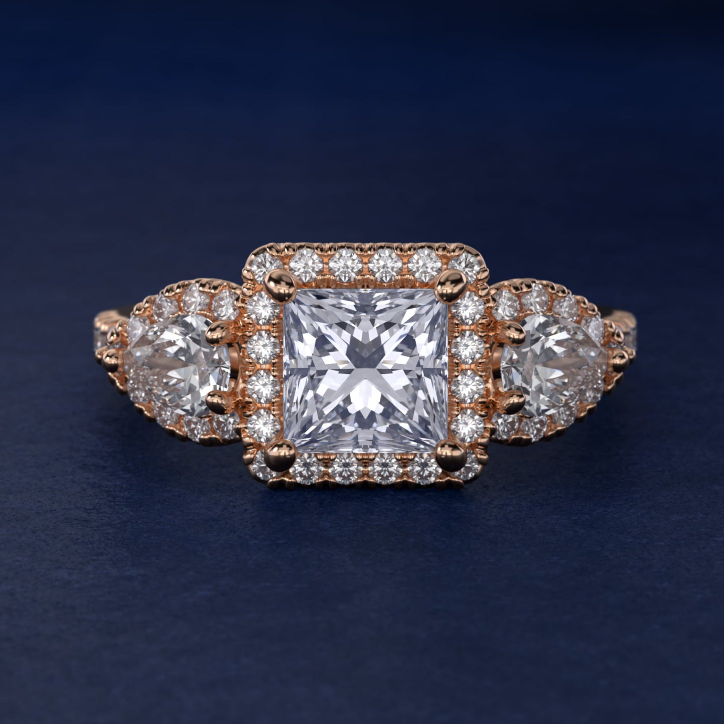 Three-Stone Pear Halo Diamond Engagement Ring in 14k Rose Gold - Princess Center