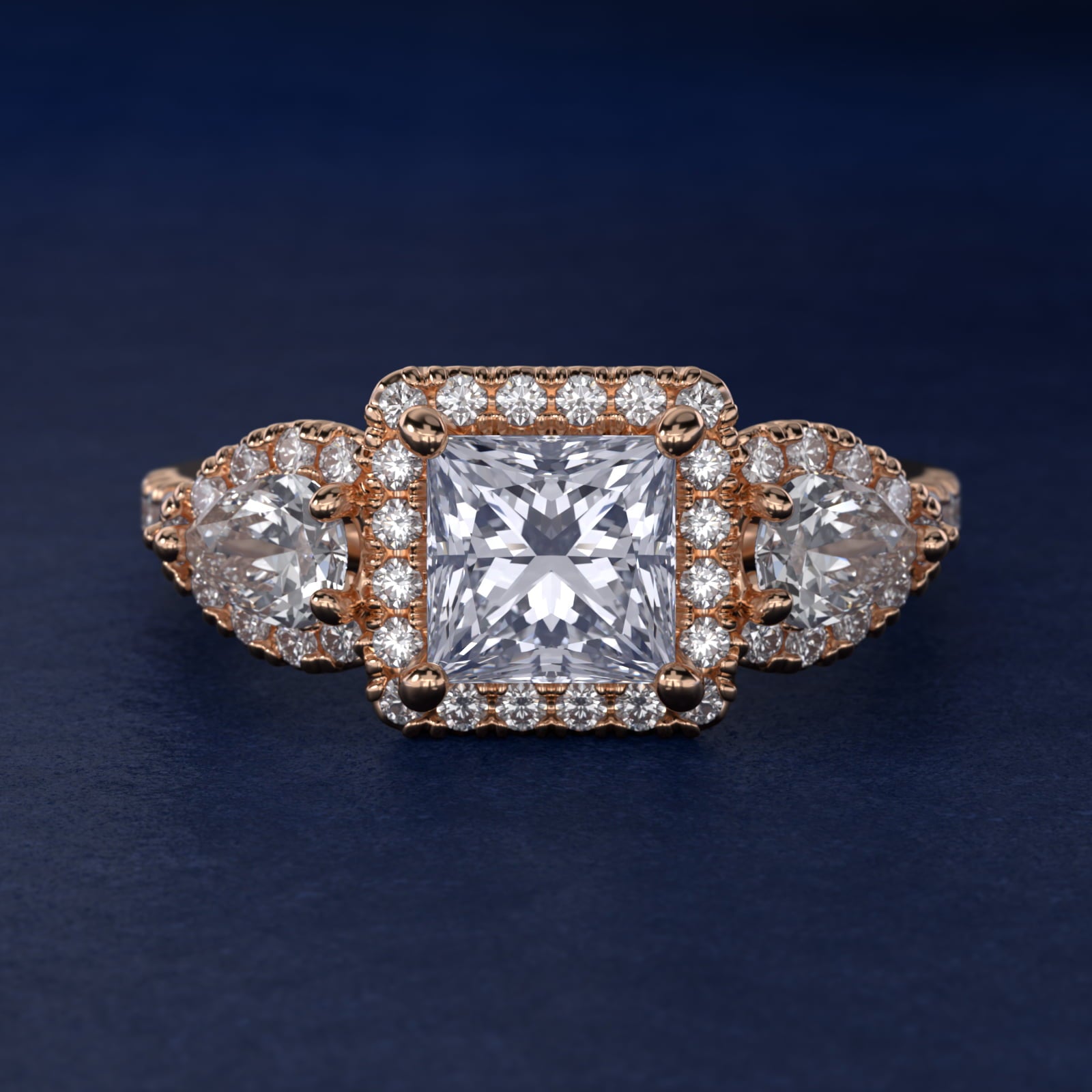 Three-Stone Pear Halo Diamond Engagement Ring in 18k Rose Gold - Princess Center