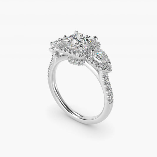 Three-Stone Pear Halo Diamond Engagement Ring in 18k White Gold - Princess Center