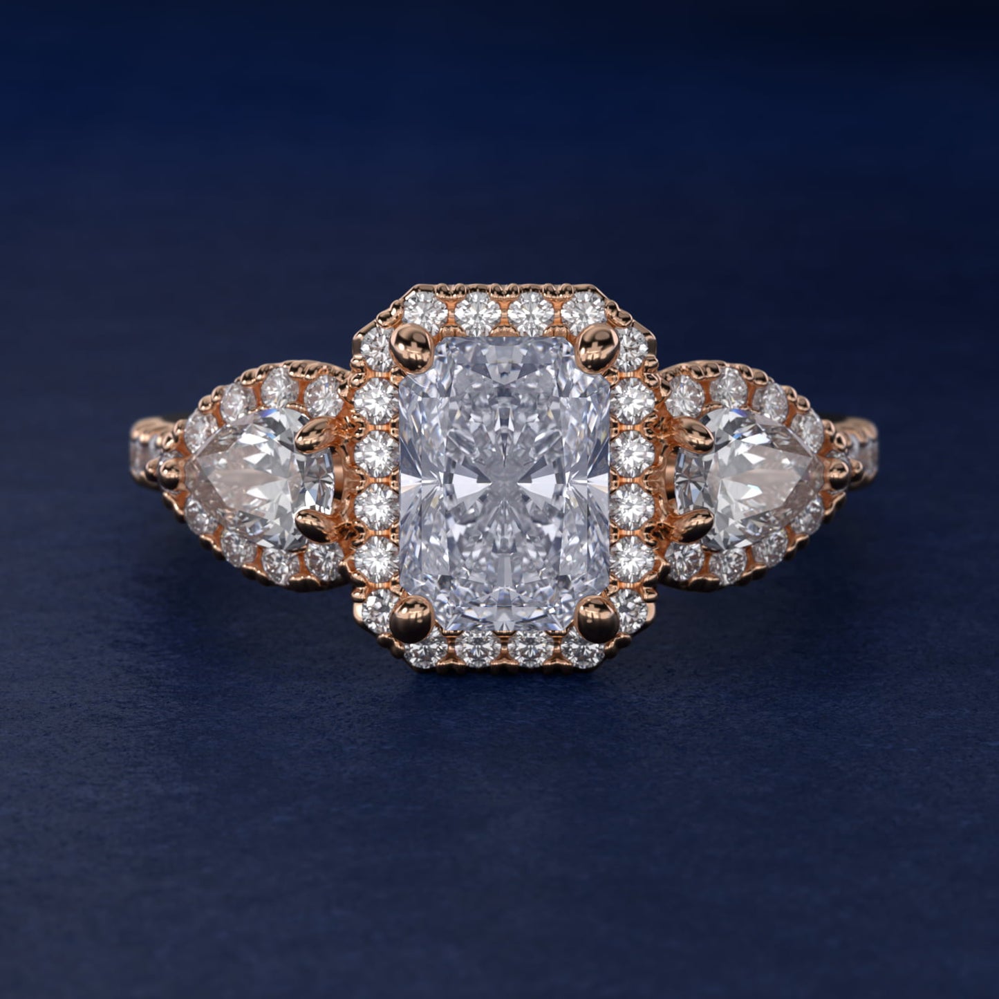 Three-Stone Pear Halo Diamond Engagement Ring in 18k Rose Gold - Radiant Center