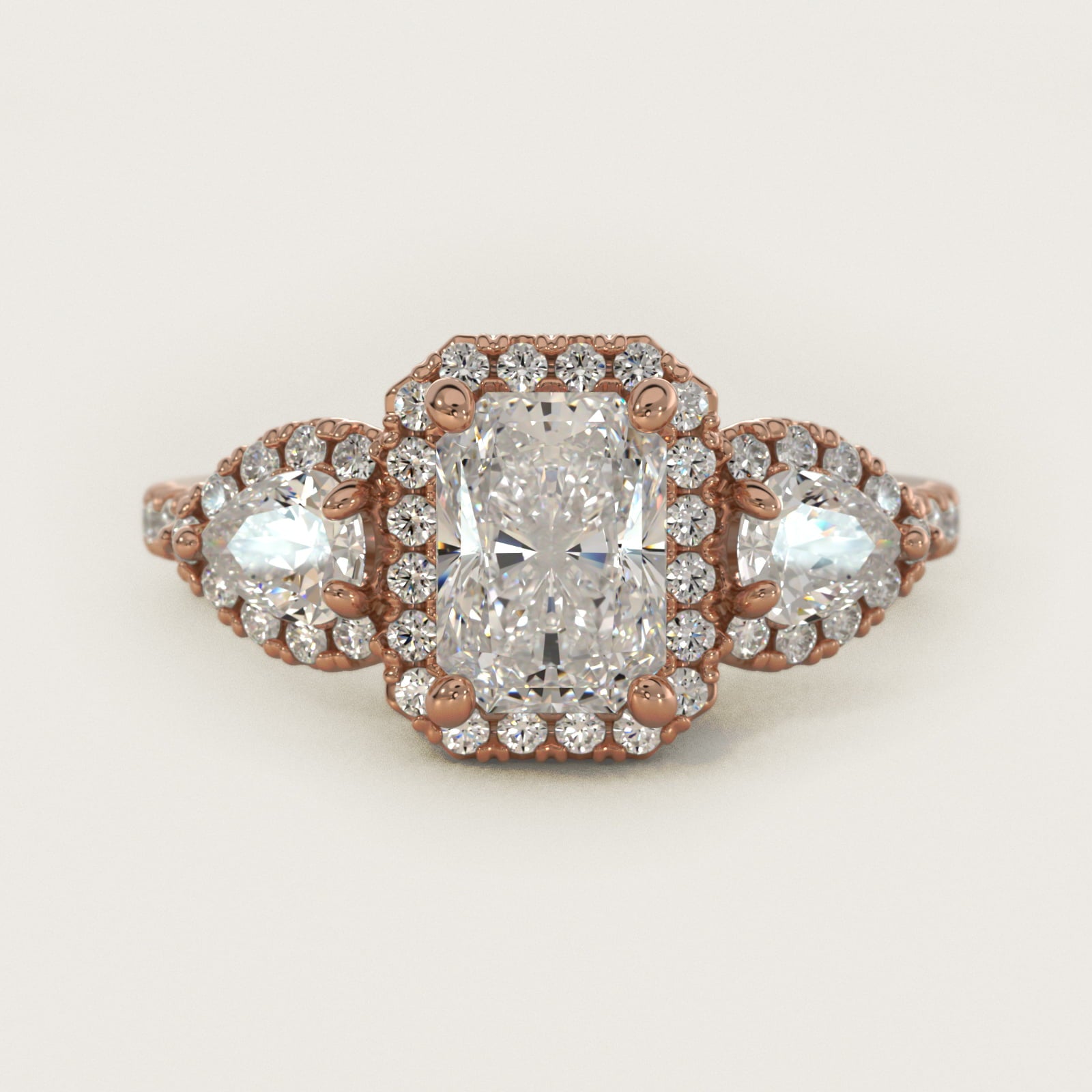 Three-Stone Pear Halo Diamond Engagement Ring in 18k Rose Gold - Radiant Center