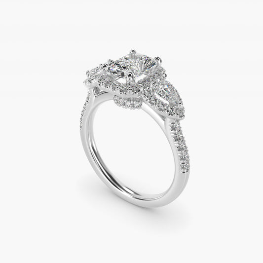 Three-Stone Pear Halo Diamond Engagement Ring in Platinum - Radiant Center
