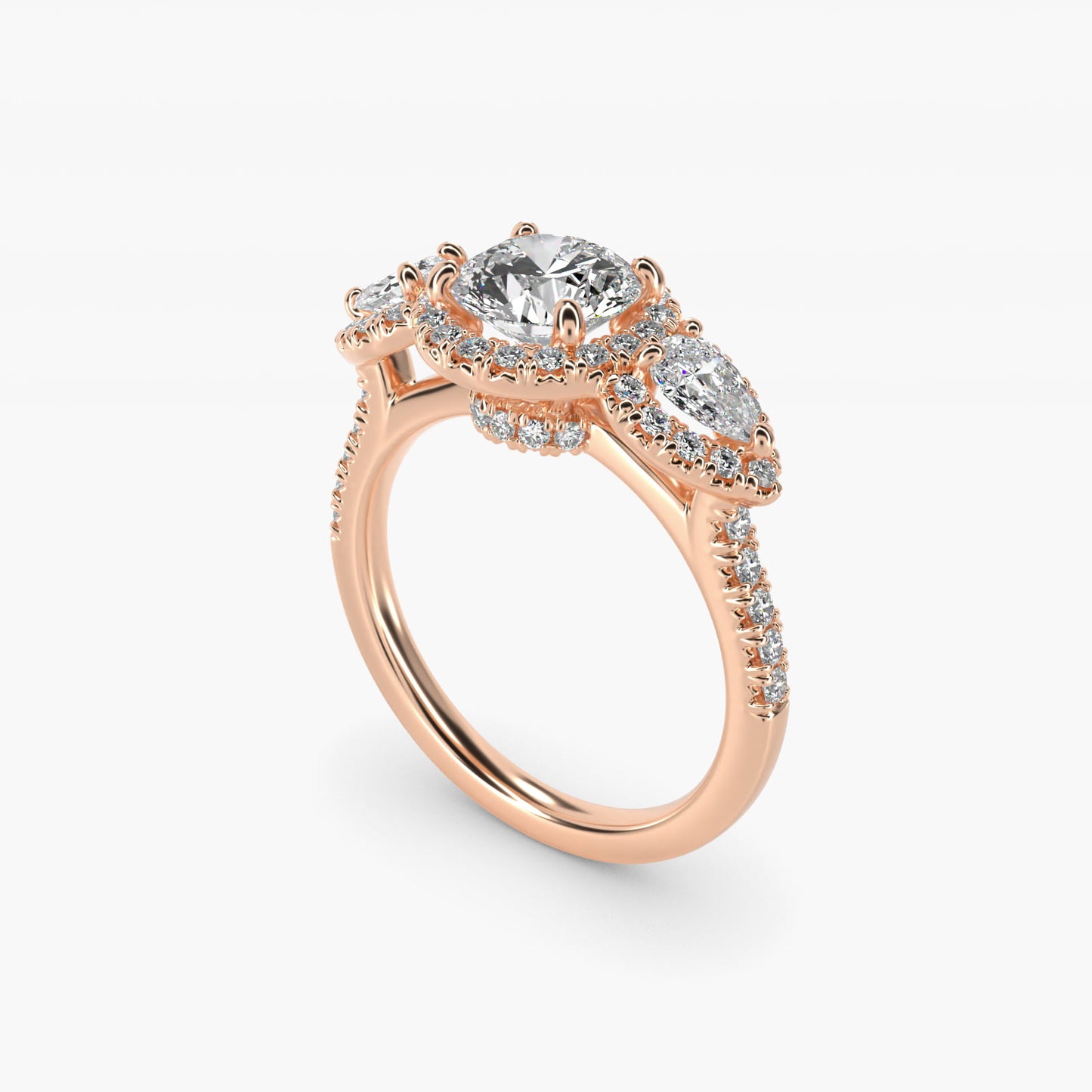 Three-Stone Pear Halo Diamond Engagement Ring in 18k Rose Gold - Round Center
