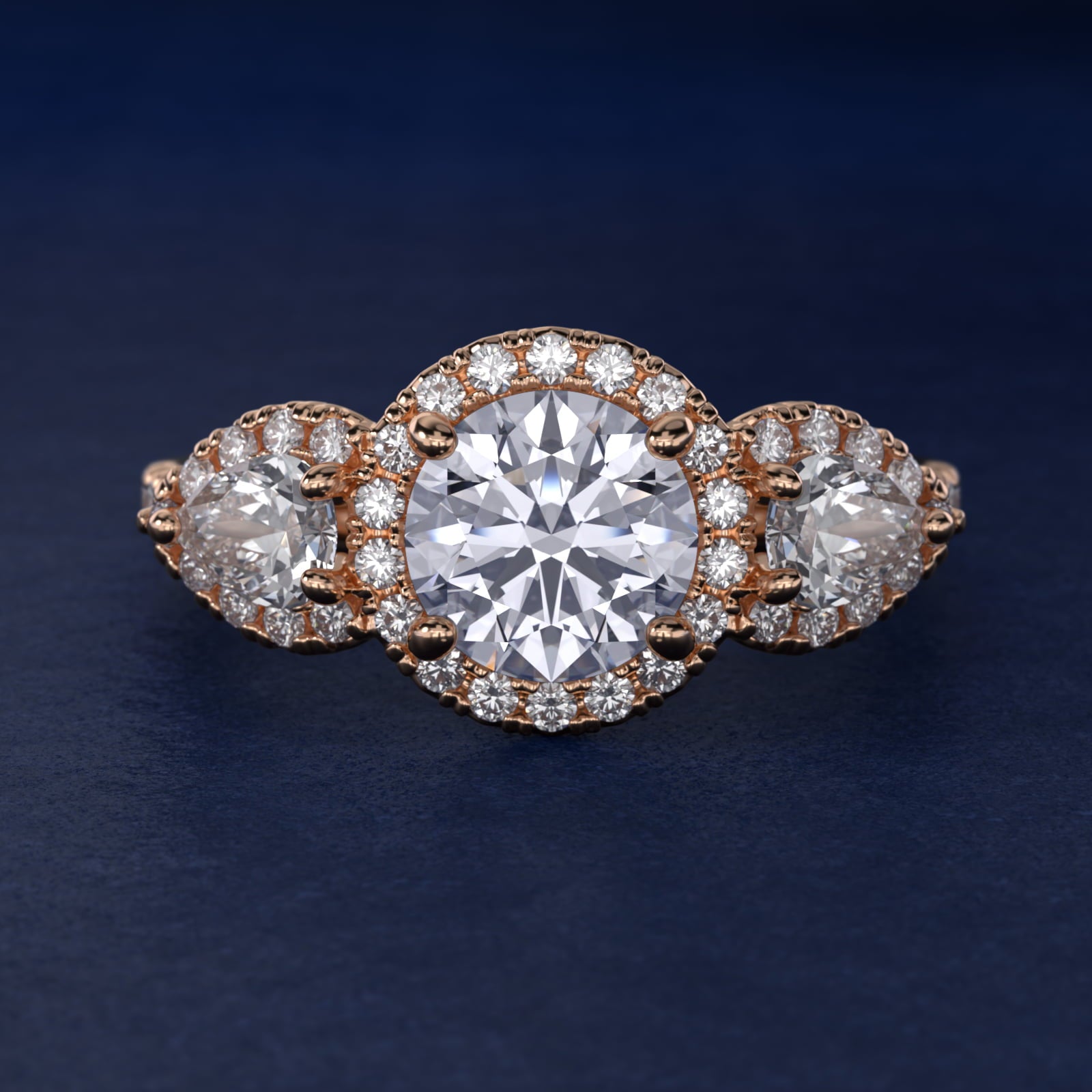 Three-Stone Pear Halo Diamond Engagement Ring in 18k Rose Gold - Round Center