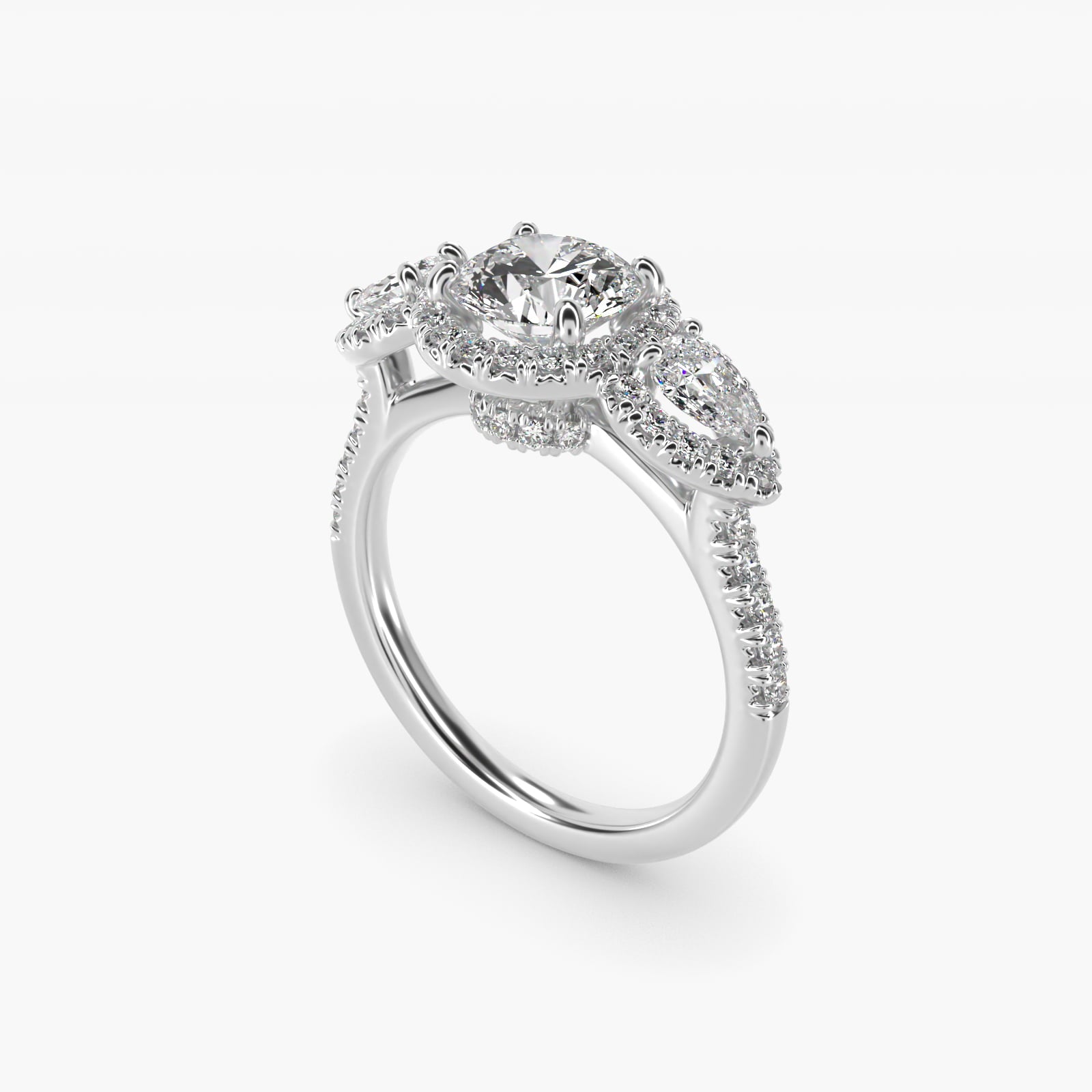Three-Stone Pear Halo Diamond Engagement Ring in Platinum - Round Center