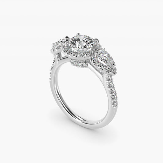 Three-Stone Pear Halo Diamond Engagement Ring in Platinum - Round Center