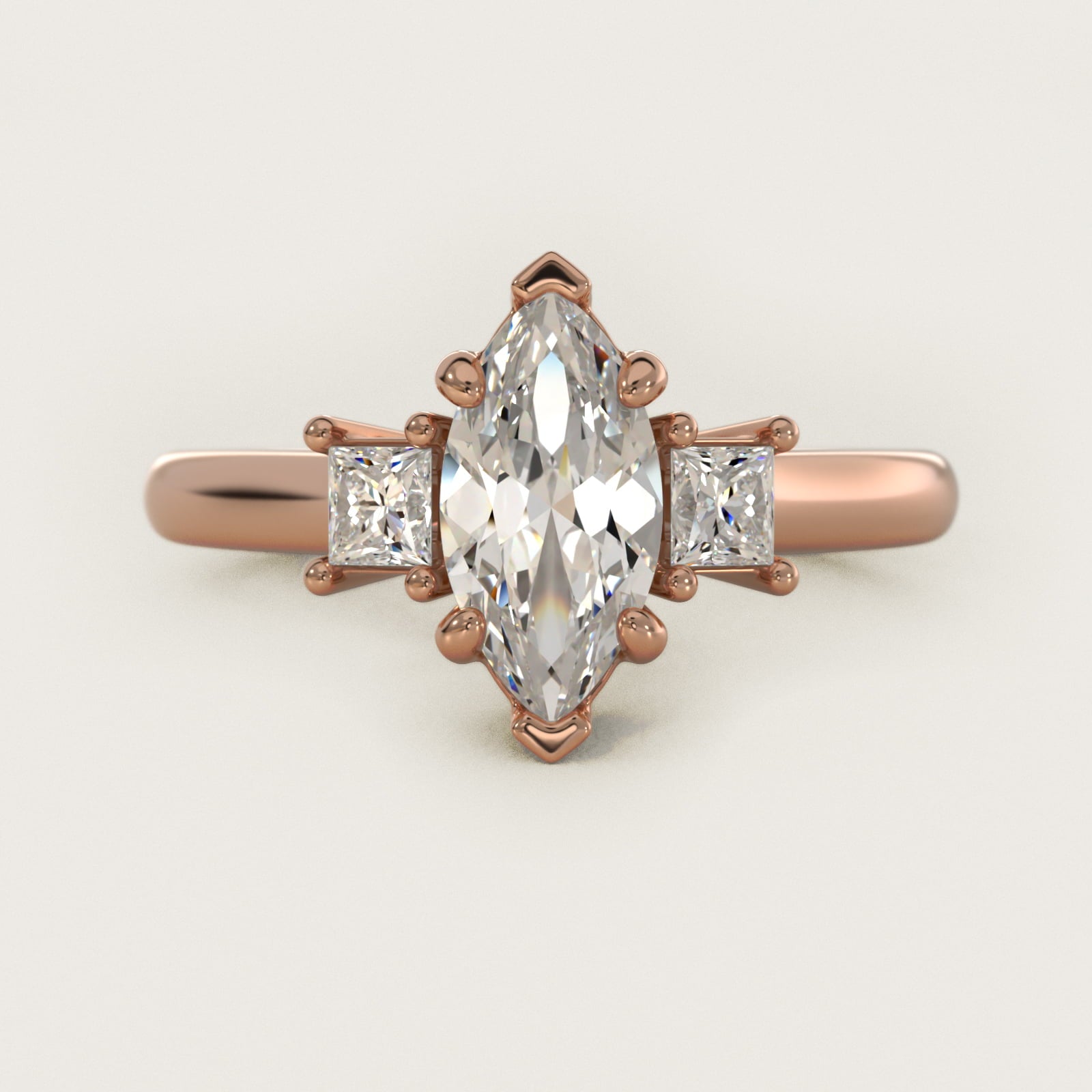 Three-Stone Princess Diamond Engagement Ring in 18k Rose Gold (1/3 ct. tw.) - Marquise Center