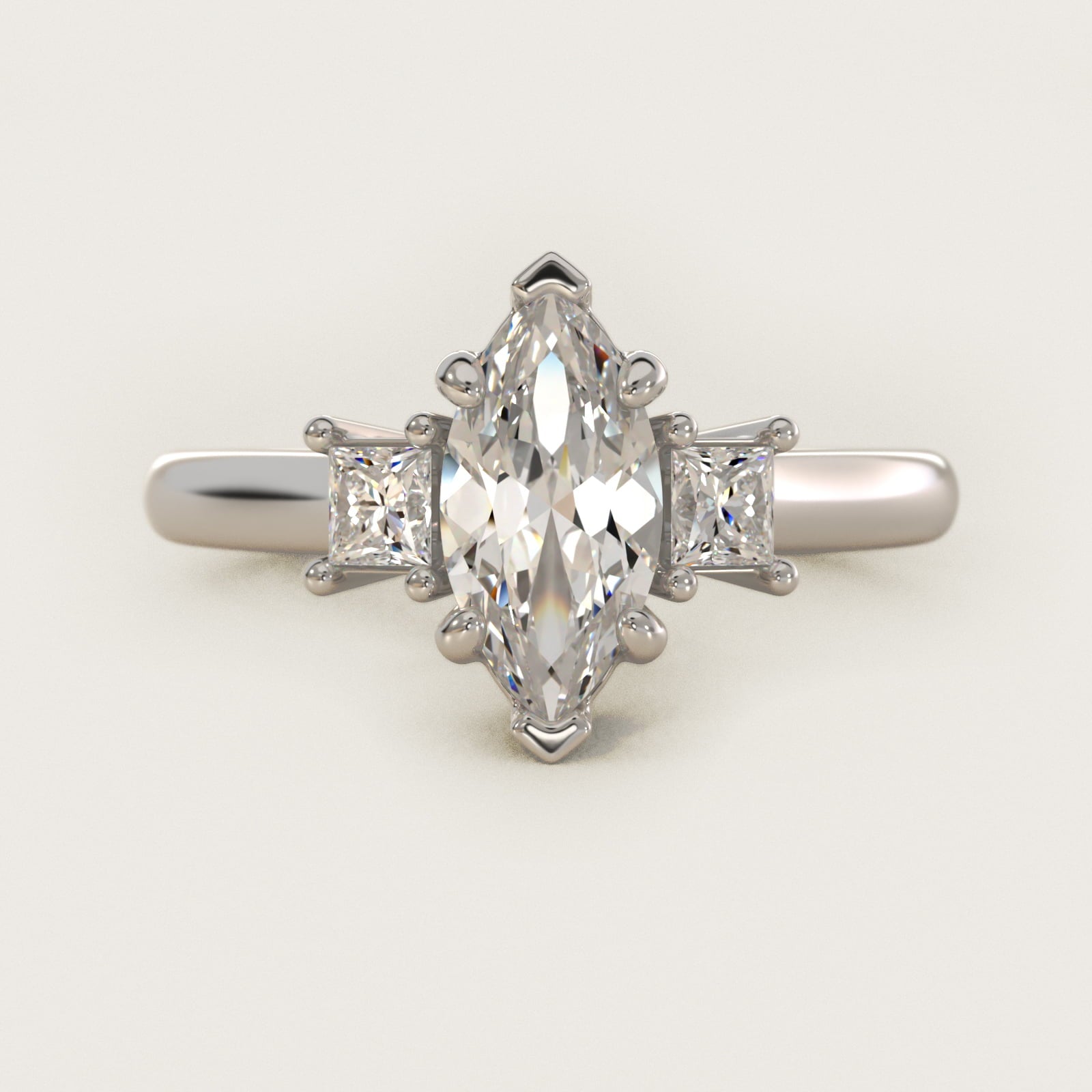 Three-Stone Princess Diamond Engagement Ring in Platinum (1/3 ct. tw.) - Marquise Center