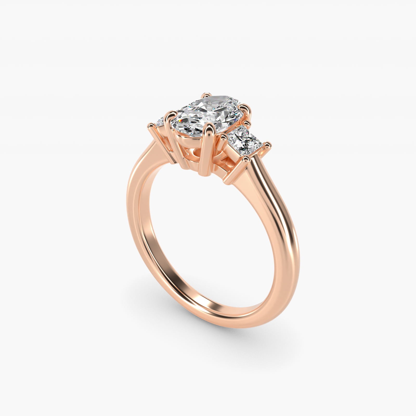 Three-Stone Princess Diamond Engagement Ring in 14k Rose Gold (1/3 ct. tw.) - Oval Center