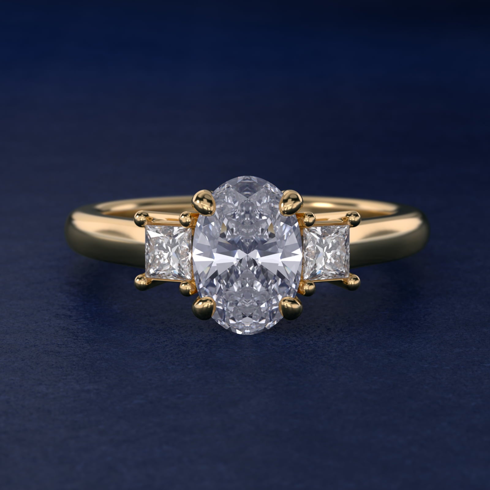 Three-Stone Princess Diamond Engagement Ring in 18k Yellow Gold (1/3 ct. tw.) - Oval Center