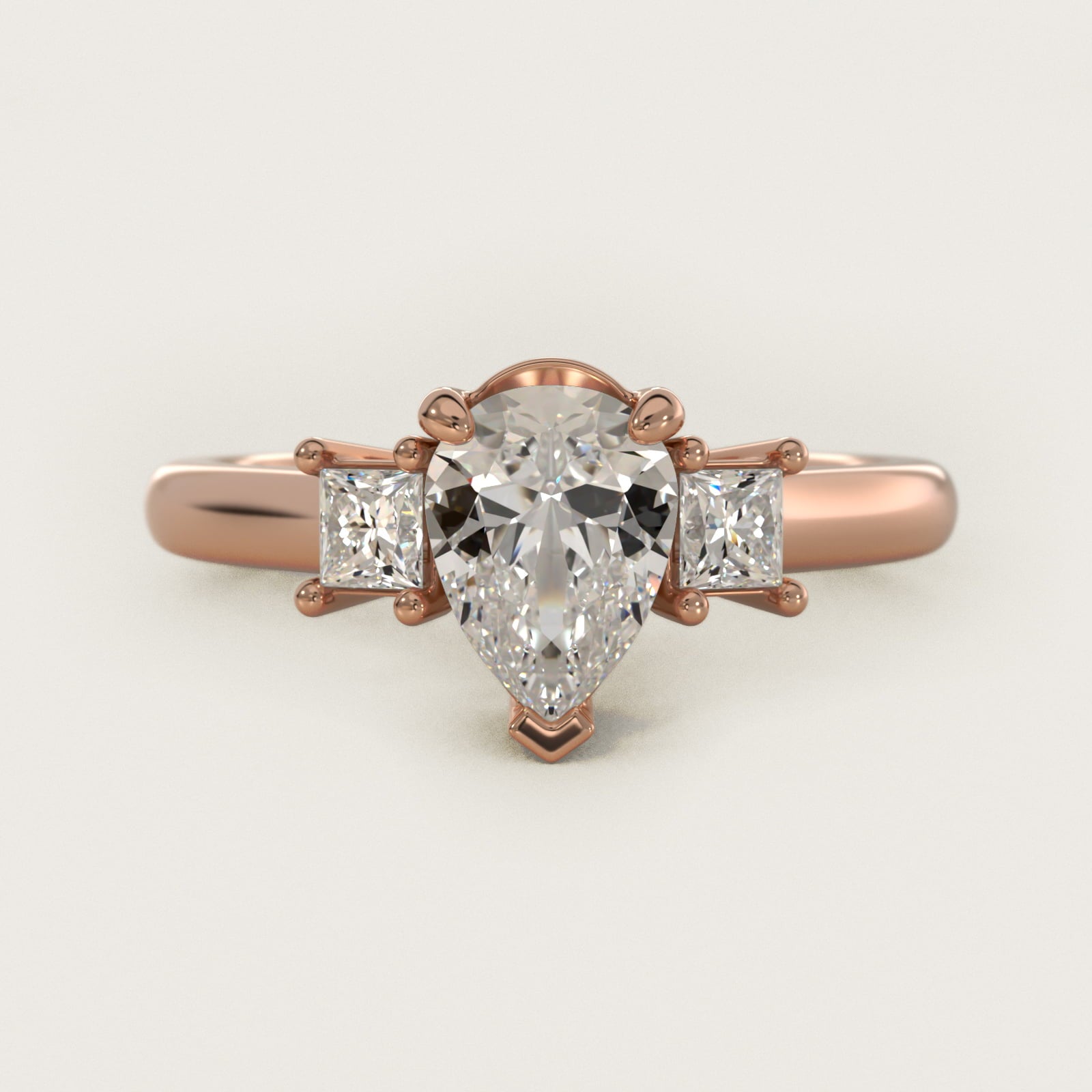 Three-Stone Princess Diamond Engagement Ring in 18k Rose Gold (1/3 ct. tw.) - Pear Center