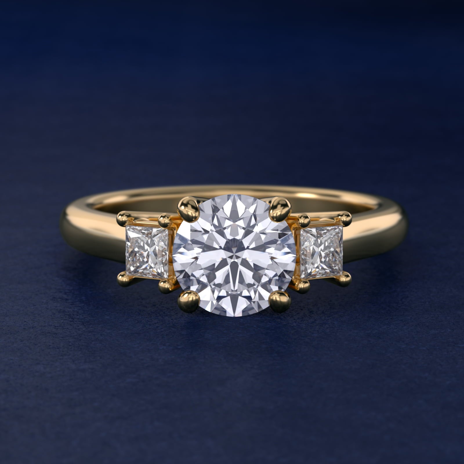 Three-Stone Princess Diamond Engagement Ring in 14K Yellow Gold (1/3 ct. tw.) - Round Center