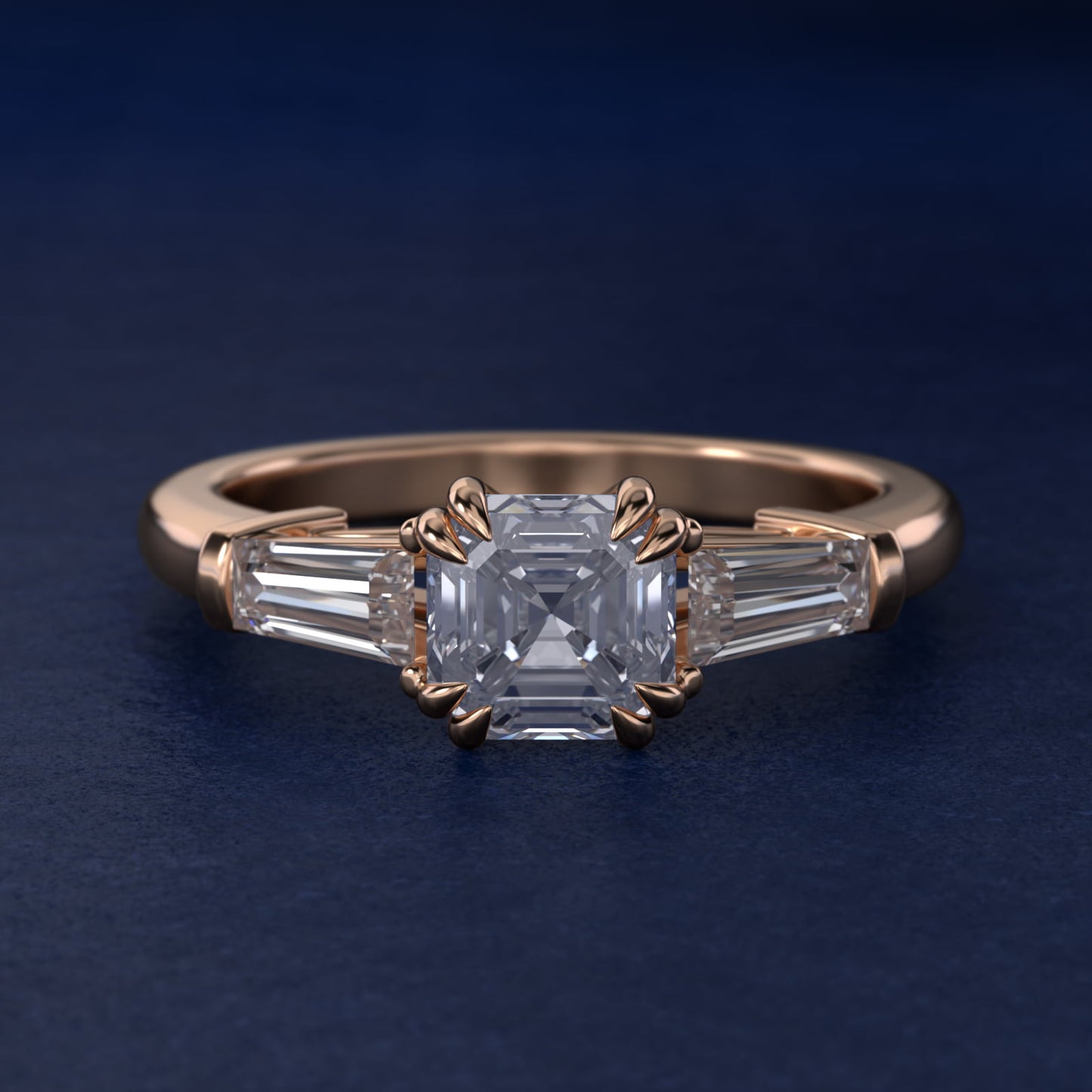 Three-Stone Tapered Baguette Diamond Engagement Ring in 14k Rose Gold (1/2 ct. tw.) - Asscher Center