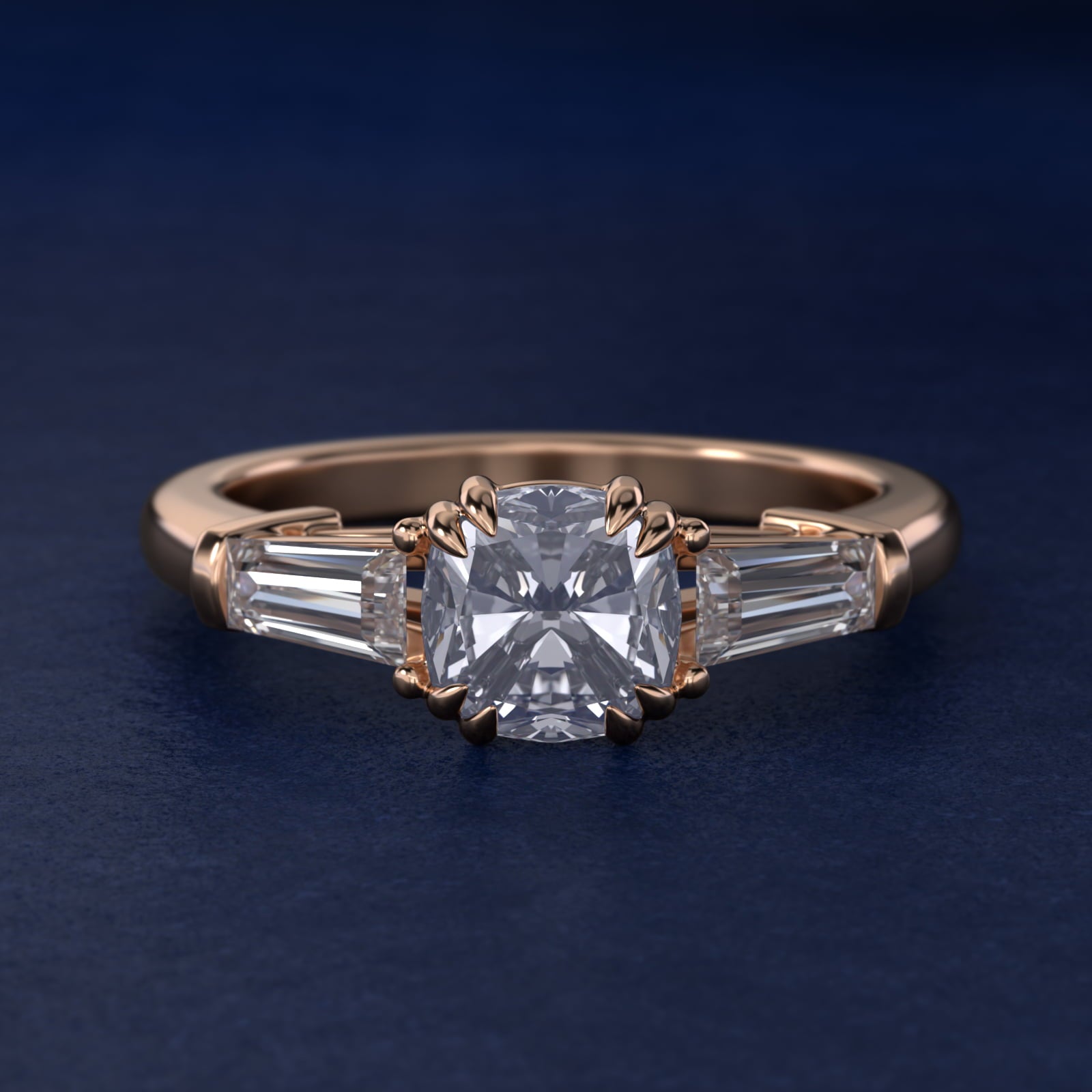 Three-Stone Tapered Baguette Diamond Engagement Ring in 14k Rose Gold (1/2 ct. tw.) - Cushion Center