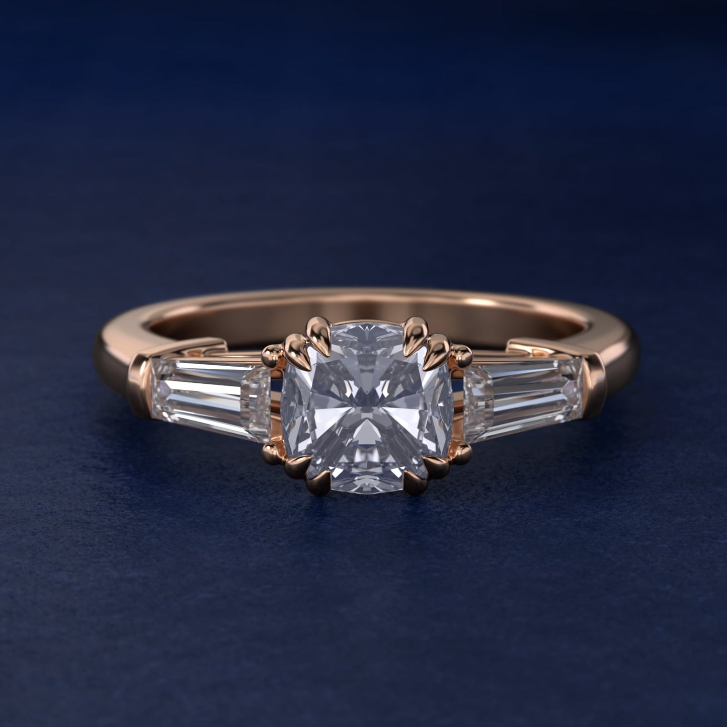 Three-Stone Tapered Baguette Diamond Engagement Ring in 18k Rose Gold (1/2 ct. tw.) - Cushion Center