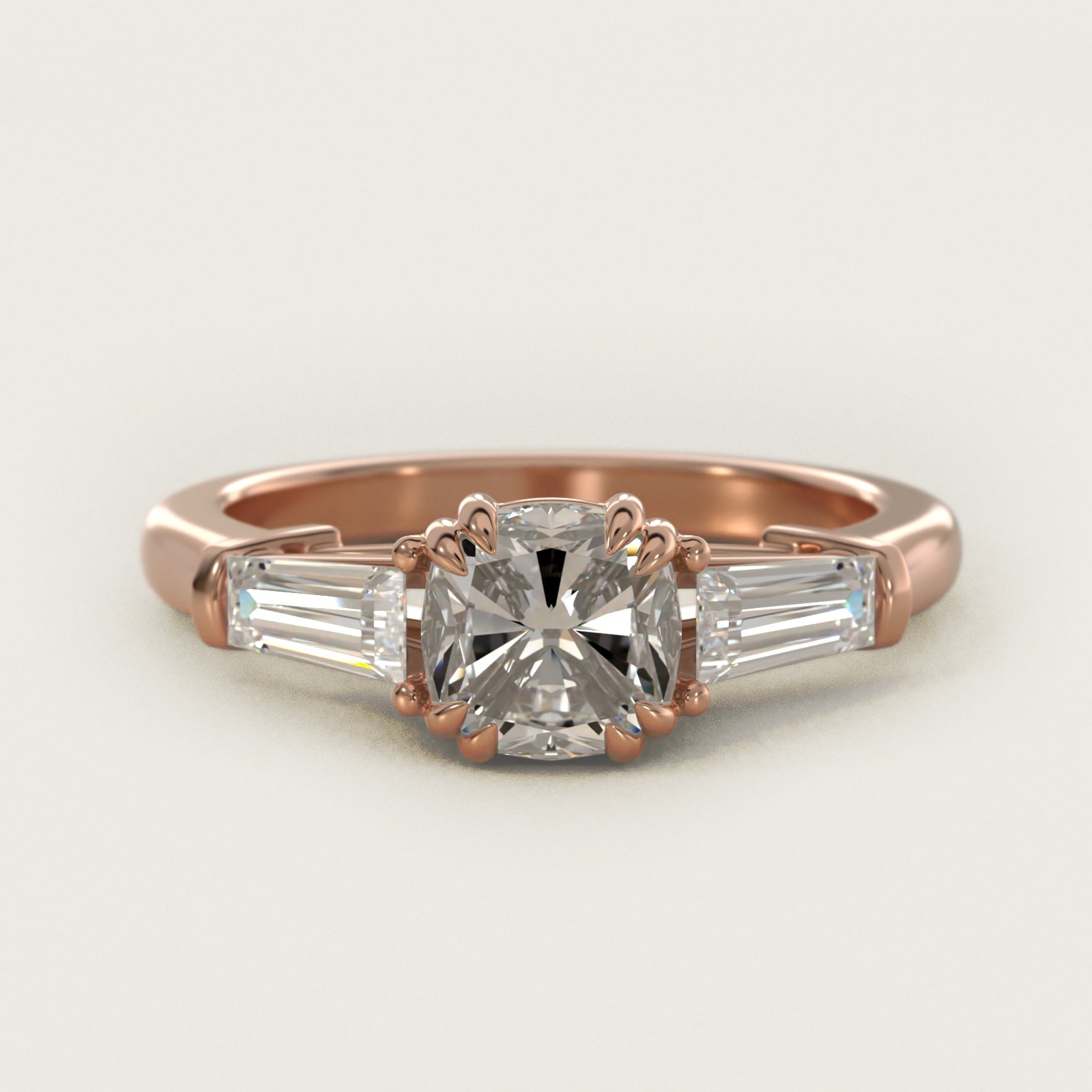 Three-Stone Tapered Baguette Diamond Engagement Ring in 14k Rose Gold (1/2 ct. tw.) - Cushion Center