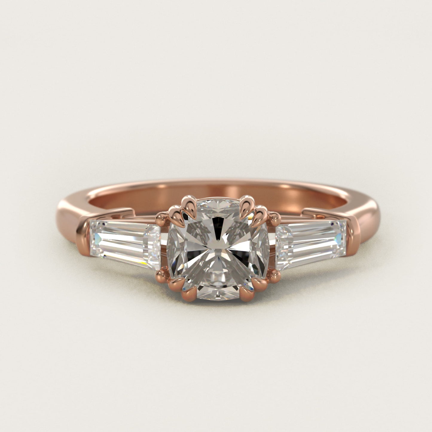 Three-Stone Tapered Baguette Diamond Engagement Ring in 18k Rose Gold (1/2 ct. tw.) - Cushion Center