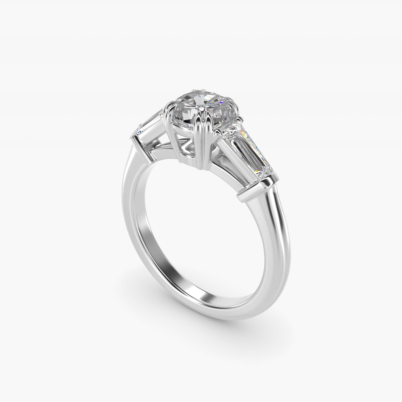 Three-Stone Tapered Baguette Diamond Engagement Ring in 18k White Gold (1/2 ct. tw.) - Cushion Center