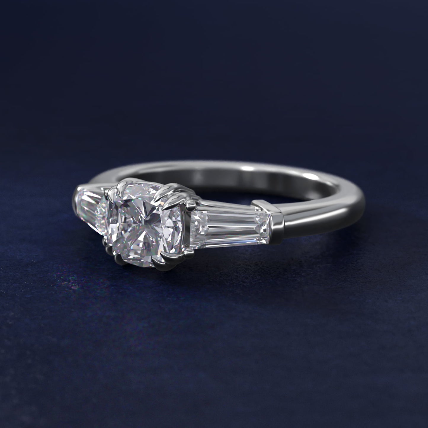 Three-Stone Tapered Baguette Diamond Engagement Ring in 18k White Gold (1/2 ct. tw.) - Cushion Center